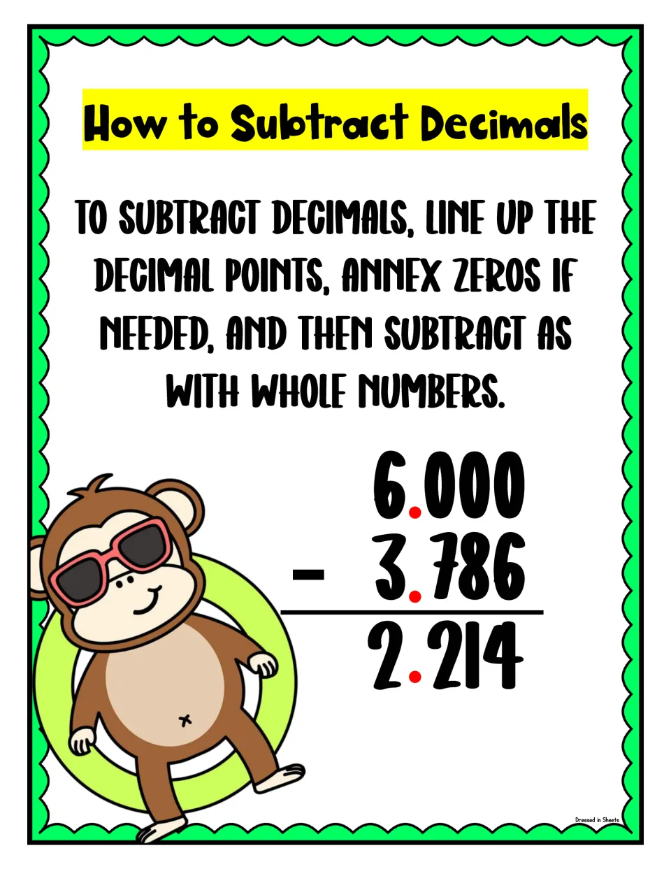 Subtracting decimals poster: line up decimal points and annex zeros, as in 6.000 - 3.786 = 2.214