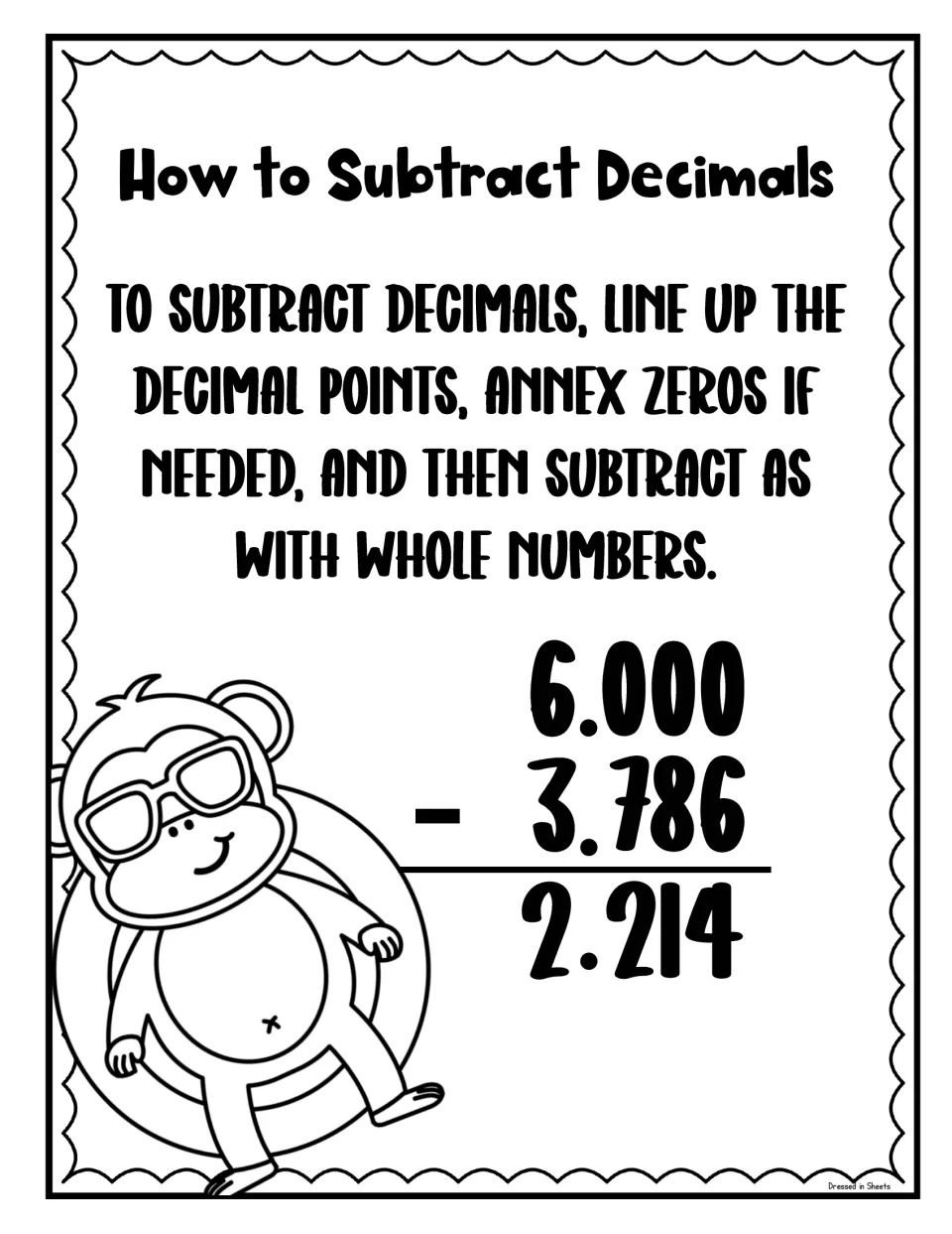 Black-and-white subtracting decimals poster showing annexed zeros in the worked example 6.000 - 3.786 = 2.214