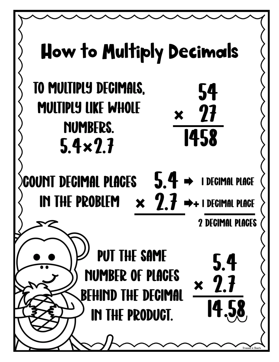 Black-and-white multiplying decimals poster with the three-step method and worked product 5.4 x 2.7 = 14.58