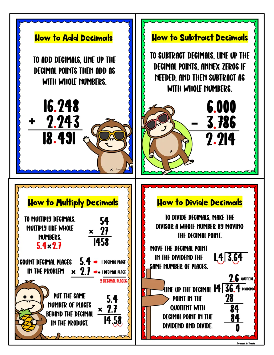 All four decimal operation posters on one page: adding, subtracting, multiplying and dividing with worked examples