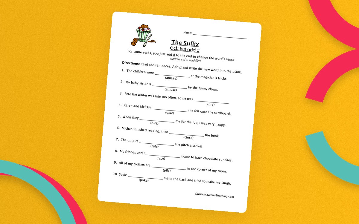 Adding Suffix ED Worksheet preview: Rule box for verbs that already end in e