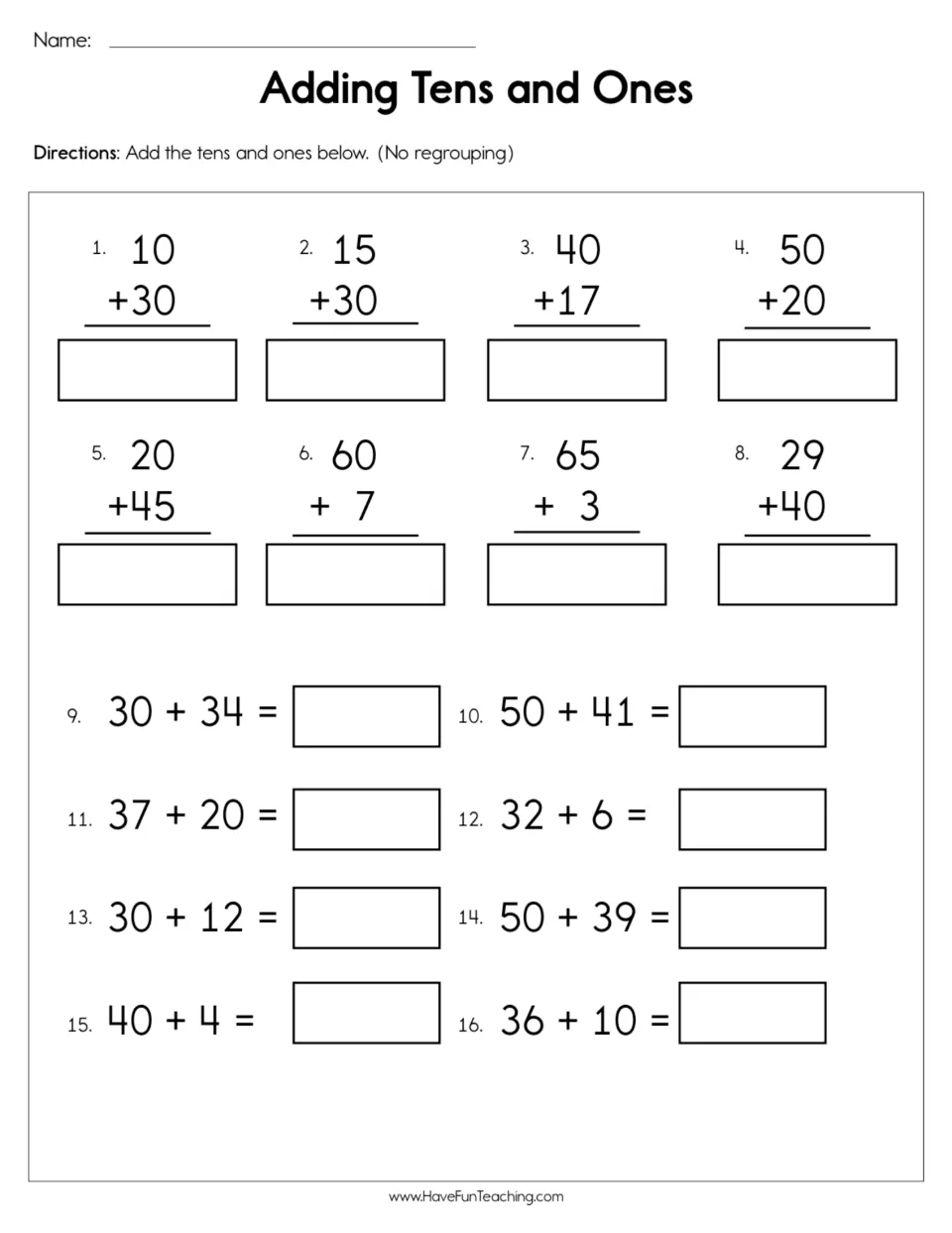 Two-digit addition without regrouping: students solve 16 problems like 10 + 30 and 65 + 3, in vertical and horizontal form
