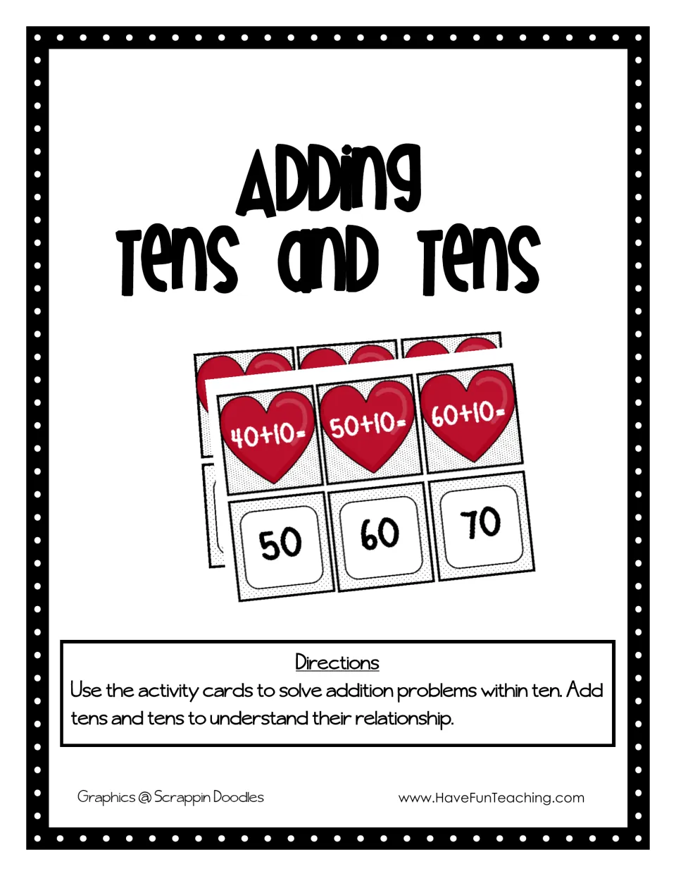 Adding Tens and Tens cover: heart cards like 40+10 matched to sum cards 50, 60, 70, with directions to add tens to tens