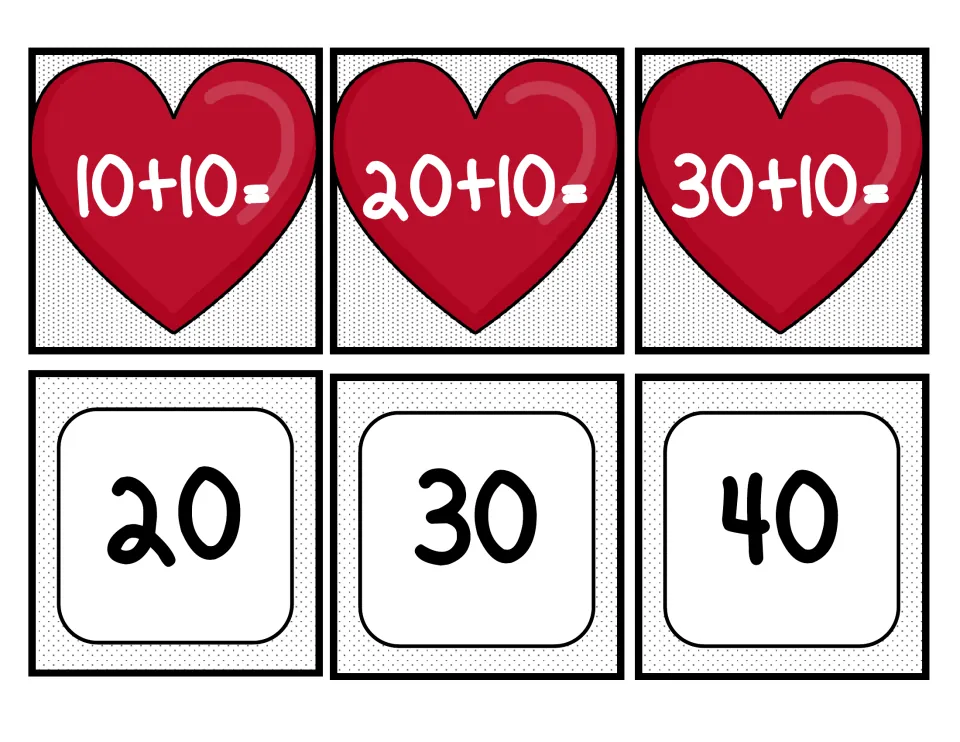 Adding 10 match cards: red hearts show 10+10, 20+10 and 30+10 for students to pair with sum cards 20, 30 and 40