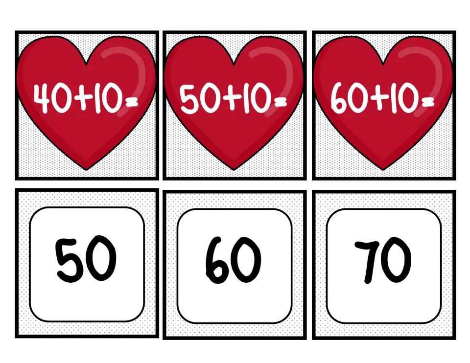 Adding 10 match cards: red hearts show 40+10, 50+10 and 60+10 for students to pair with sum cards 50, 60 and 70
