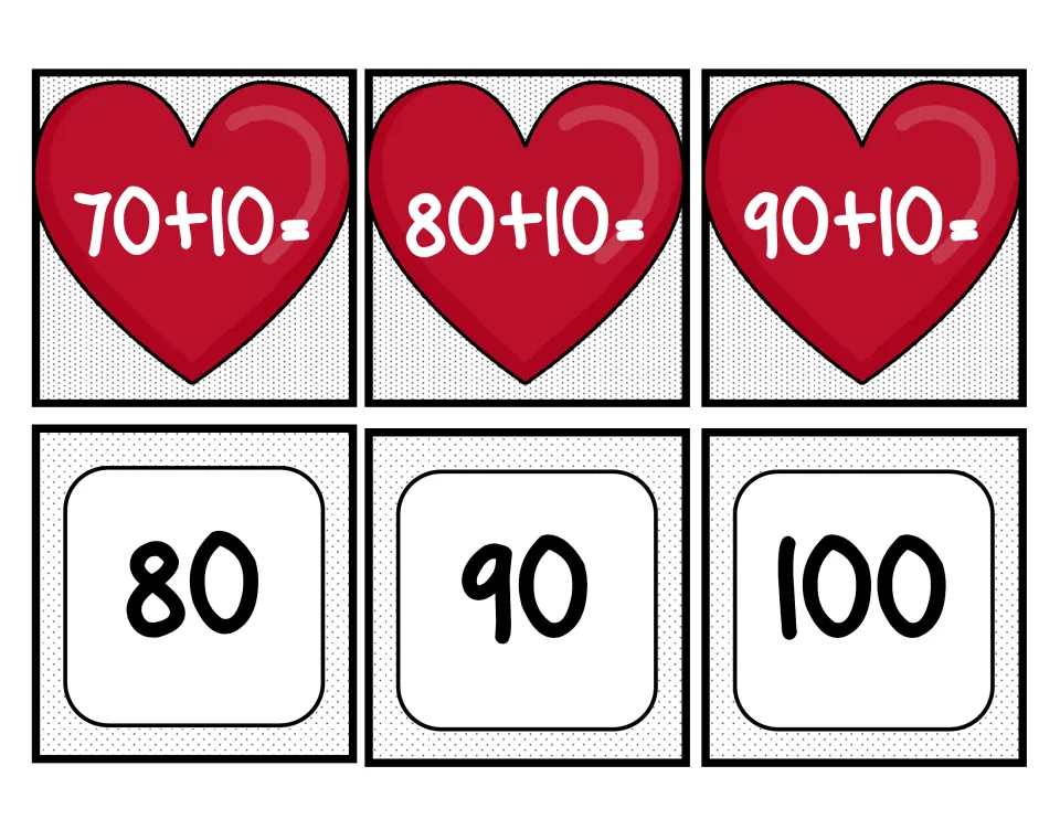 Adding 10 match cards: red hearts show 70+10, 80+10 and 90+10 for students to pair with sum cards 80, 90 and 100