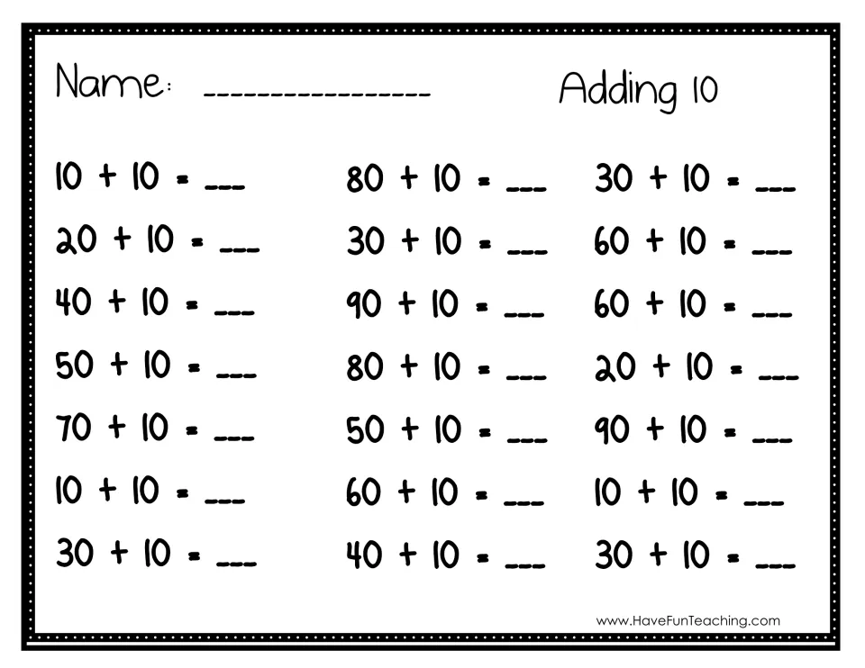Adding 10 practice: students solve 21 equations such as 50 + 10 and 90 + 10, writing each sum on the blank