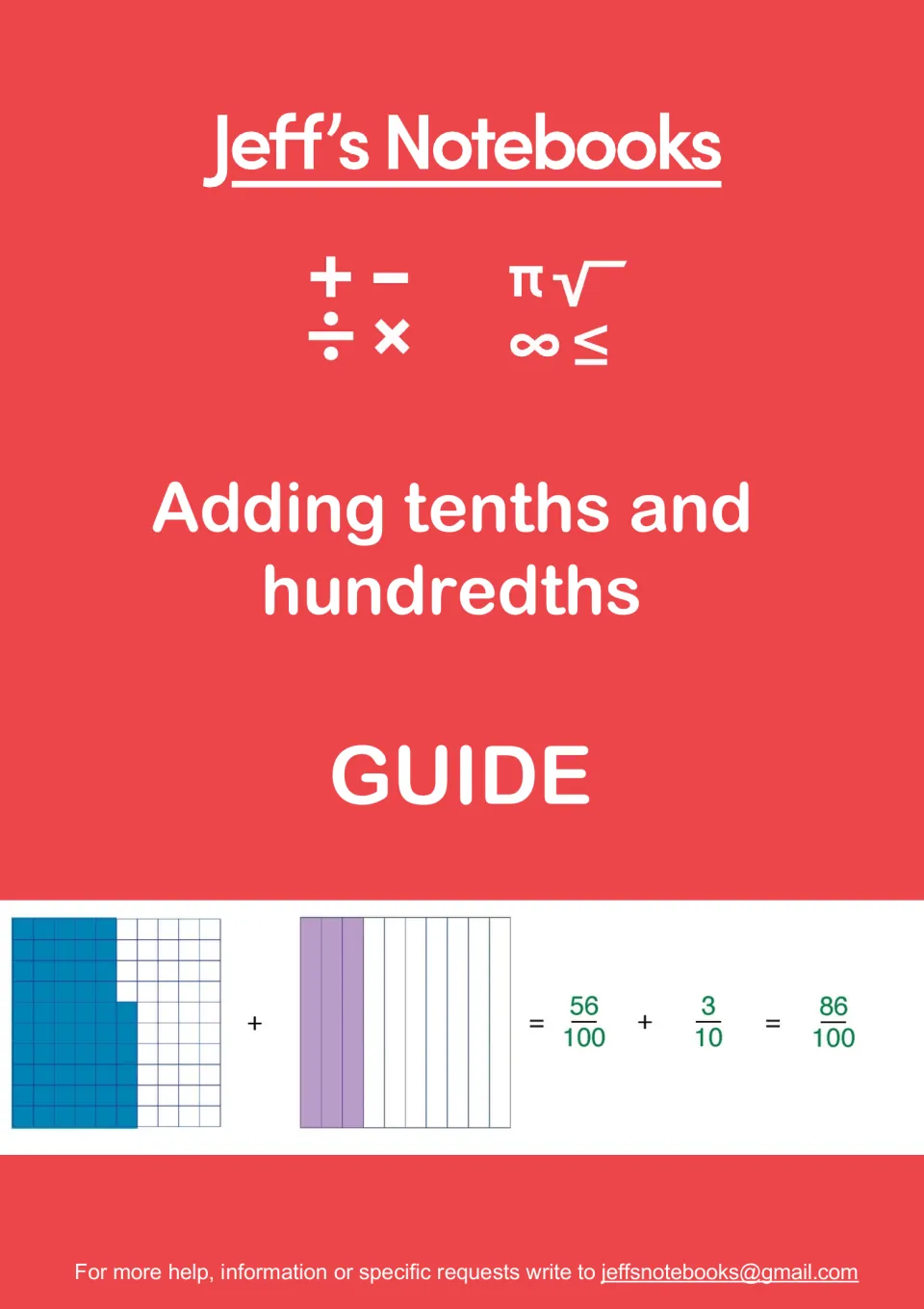 Adding tenths and hundredths guide cover from Jeff's Notebooks, showing a sample sum 56/100 + 3/10 = 86/100 with models
