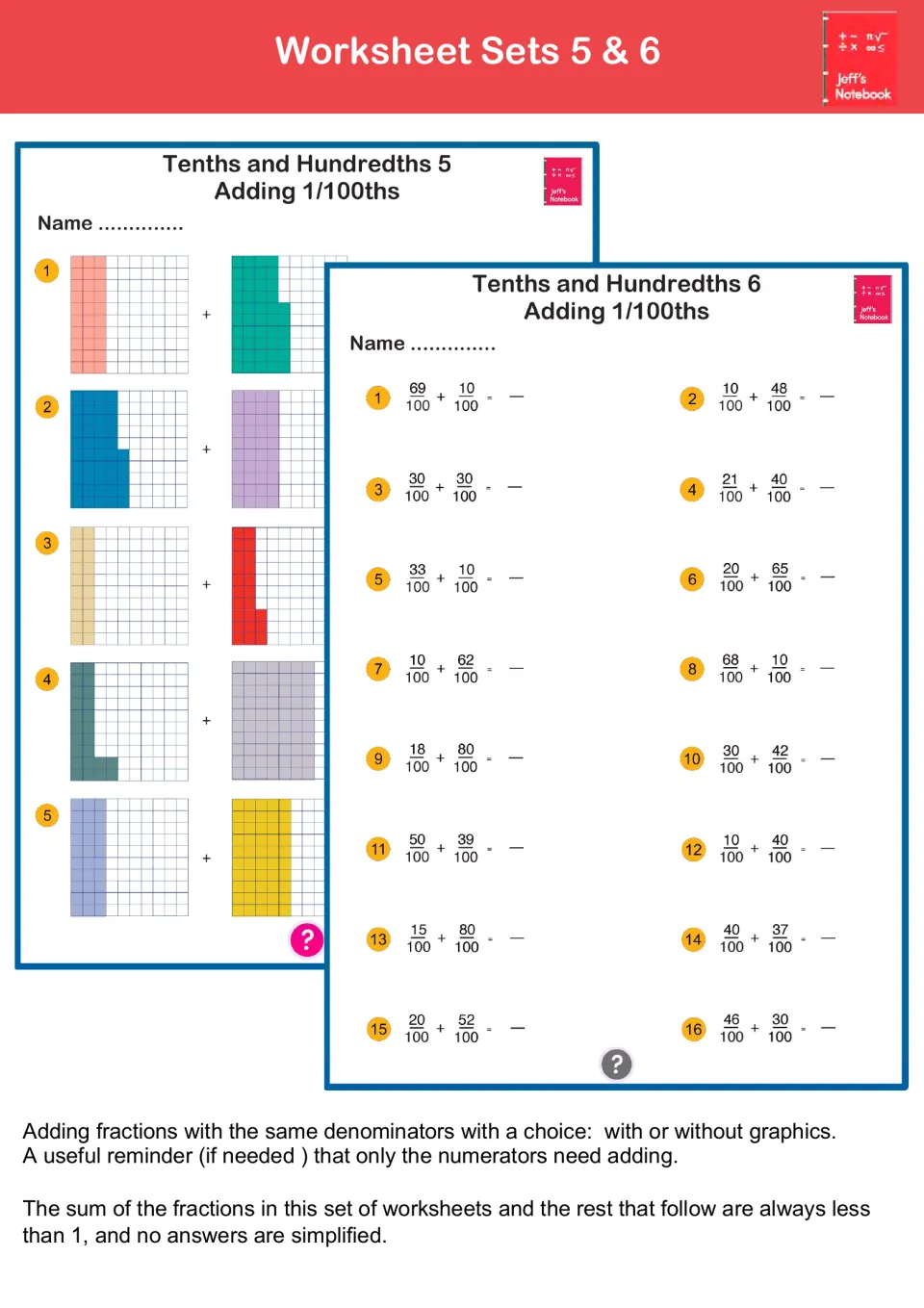 Adding hundredths: Set 5 combines two shaded 100-square models; Set 6 gives numeric sums such as 69/100 + 10/100