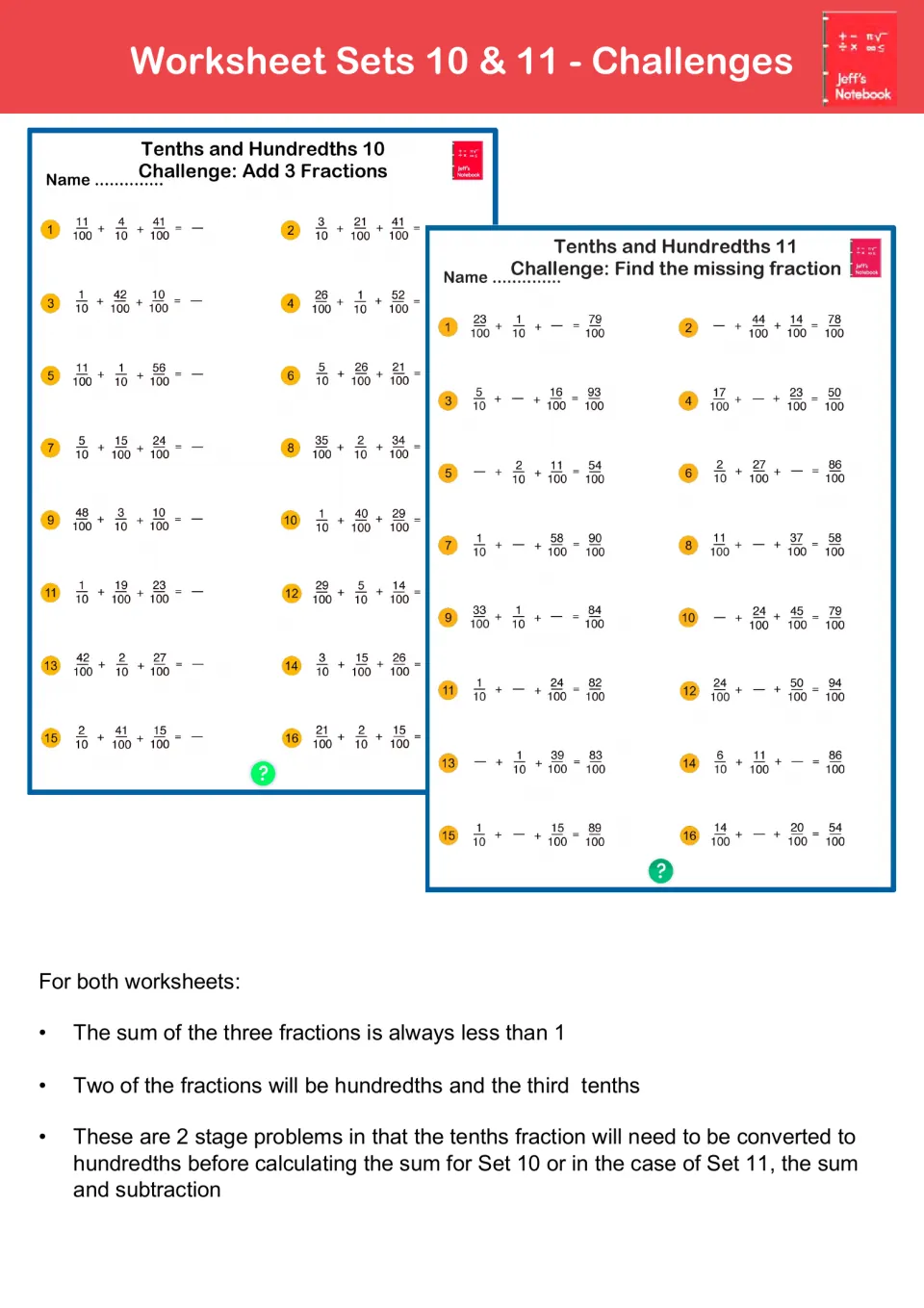 Challenge sets 10 and 11: students add three fractions such as 11/100 + 4/10 + 41/100, then find a missing addend