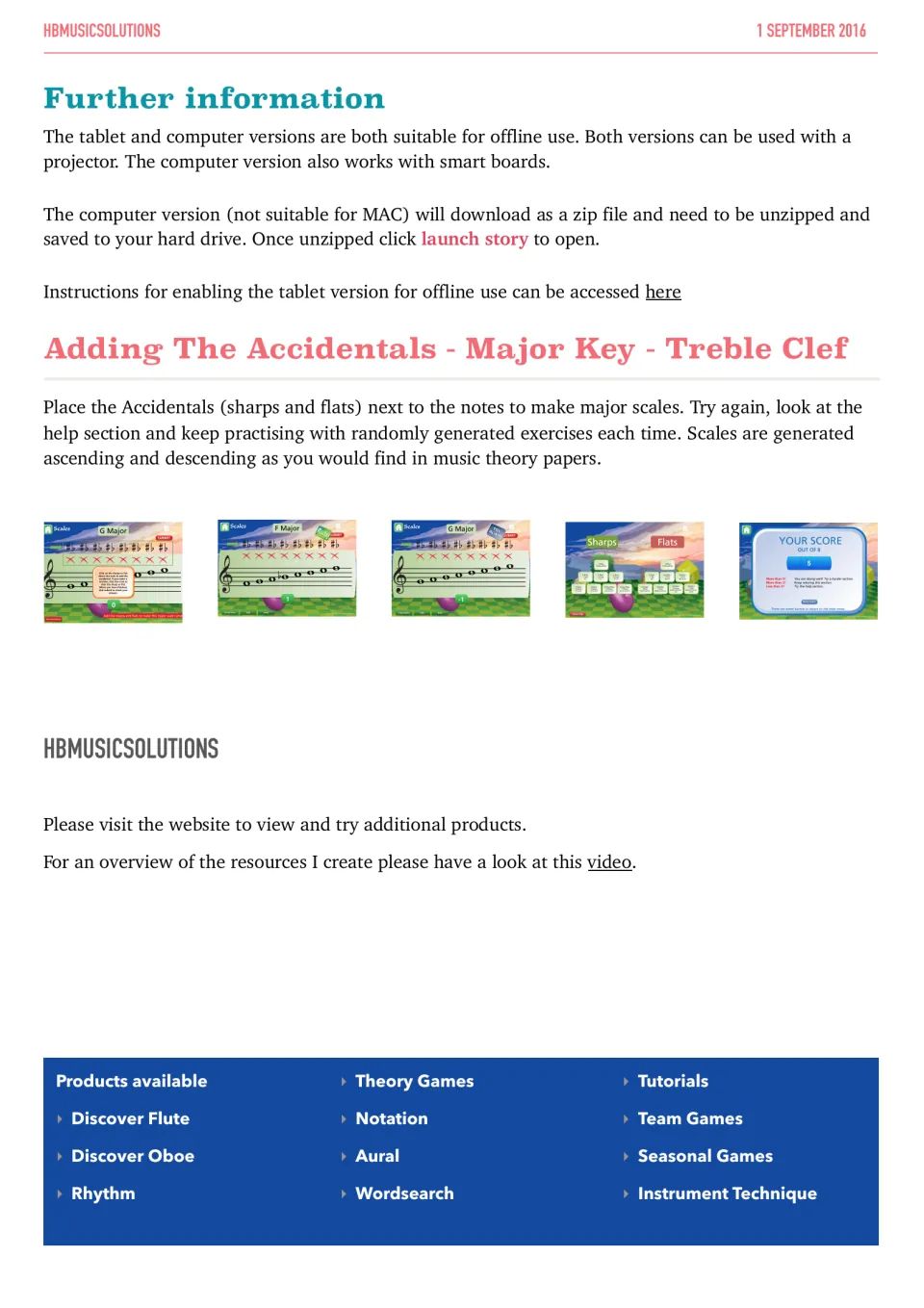 Major scale accidentals in treble clef: students place sharps and flats beside notes to build scales; offline setup info