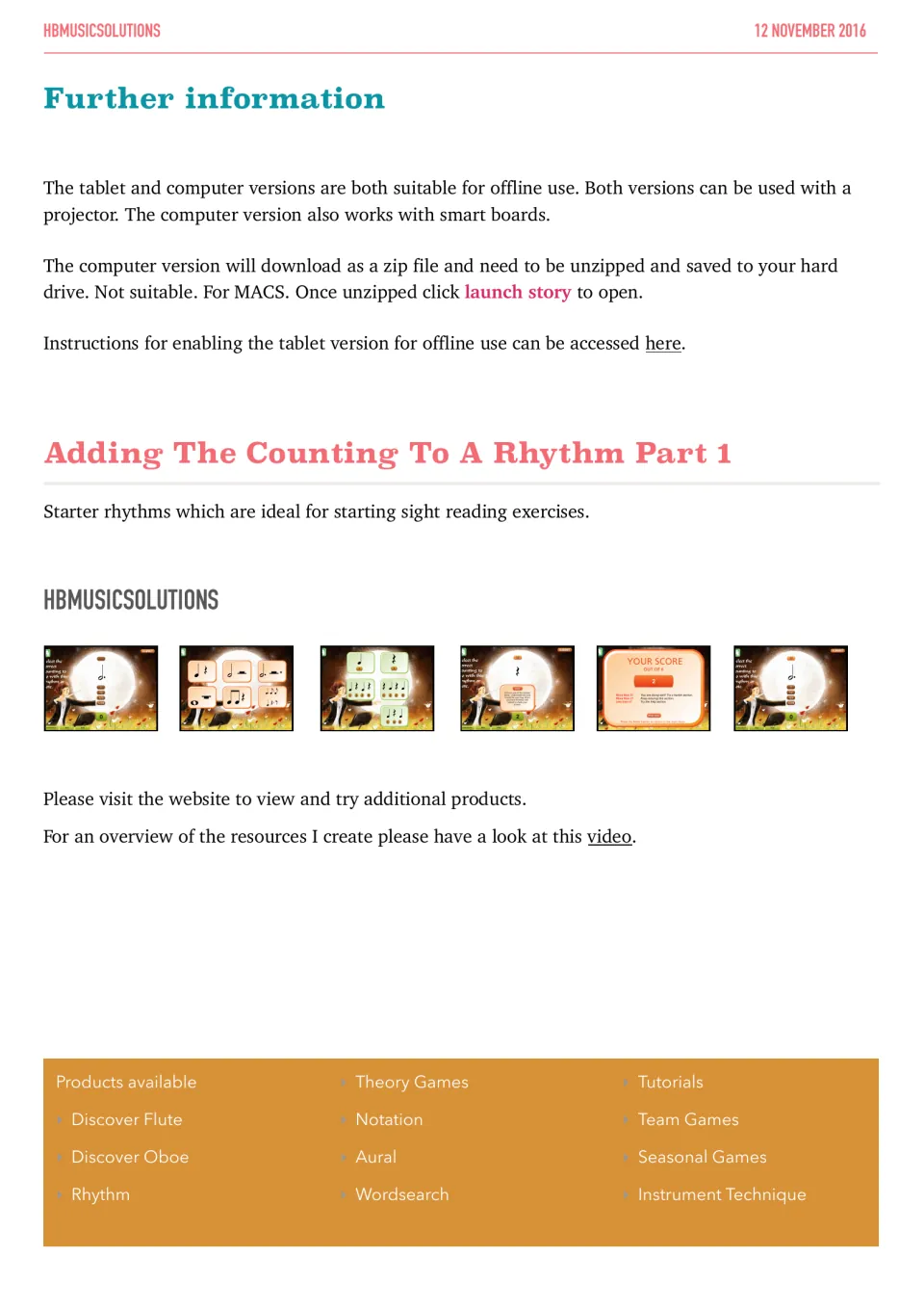 Rhythm counting game setup notes on offline, projector and smart board use, with six screenshots of note and score screens