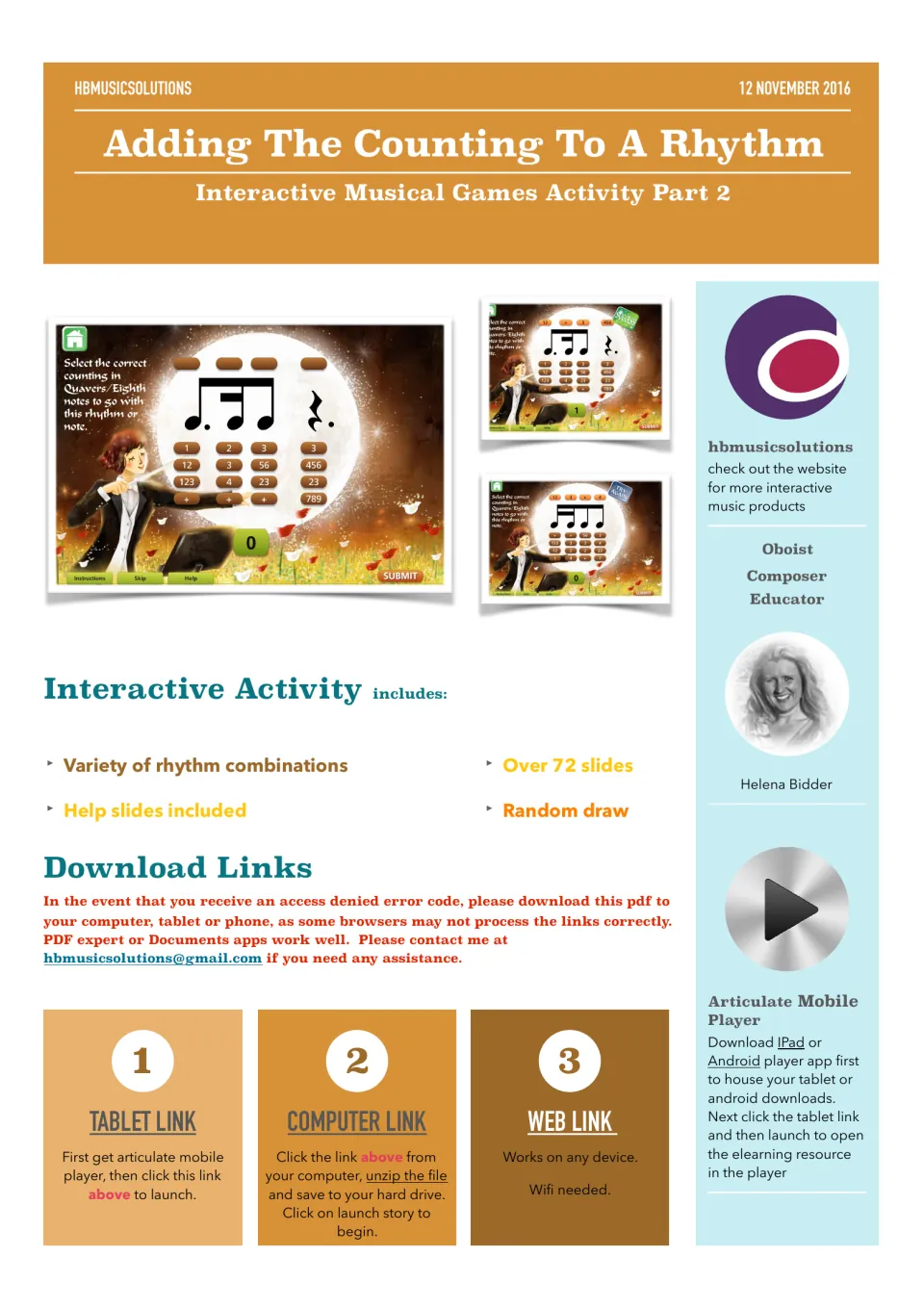Rhythm counting game cover: slides ask students to pick the counting for quaver/eighth note rhythms; tablet and web links