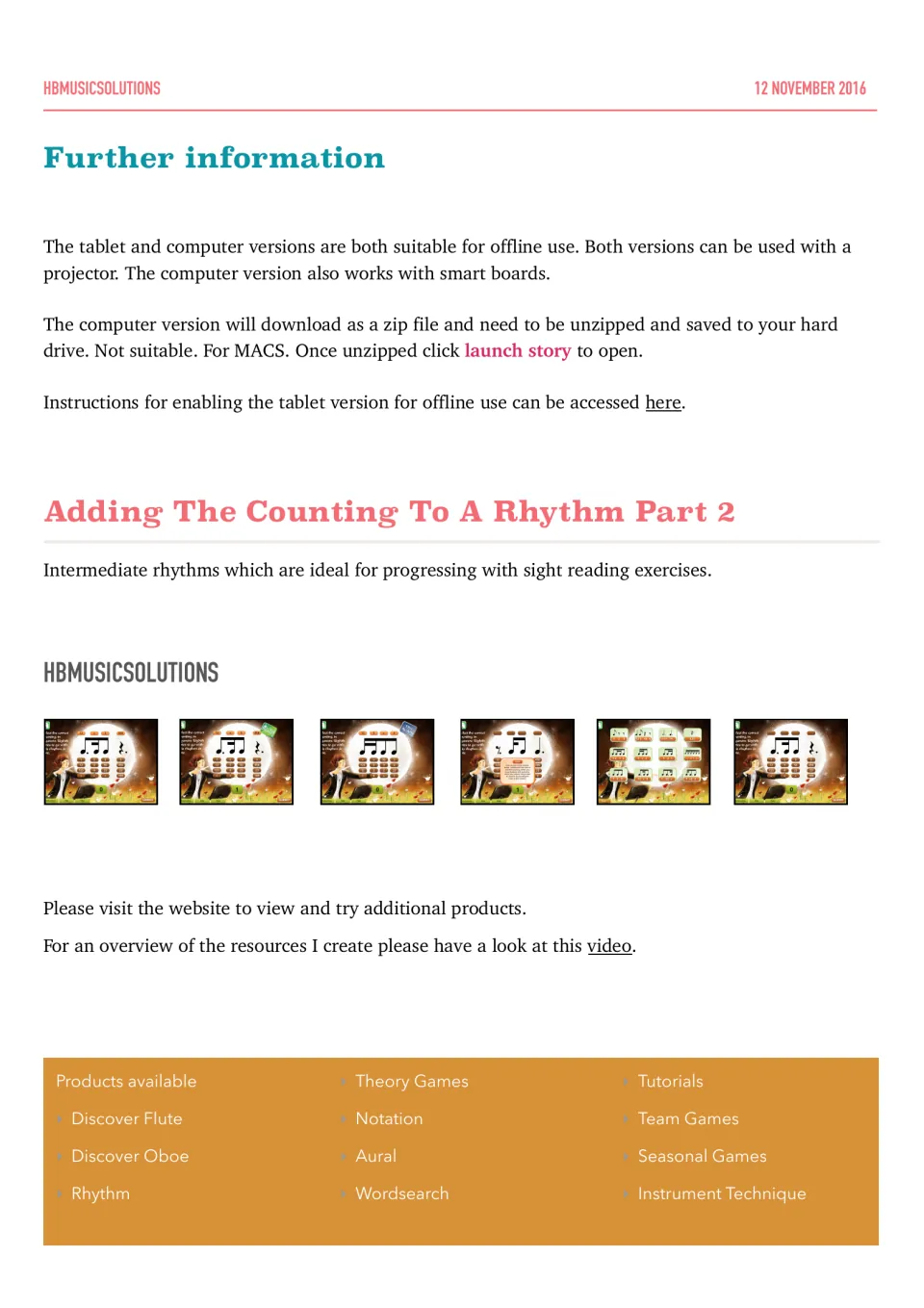Setup notes for the rhythm counting game: offline tablet and computer use, smart boards, Mac limits and six slide previews