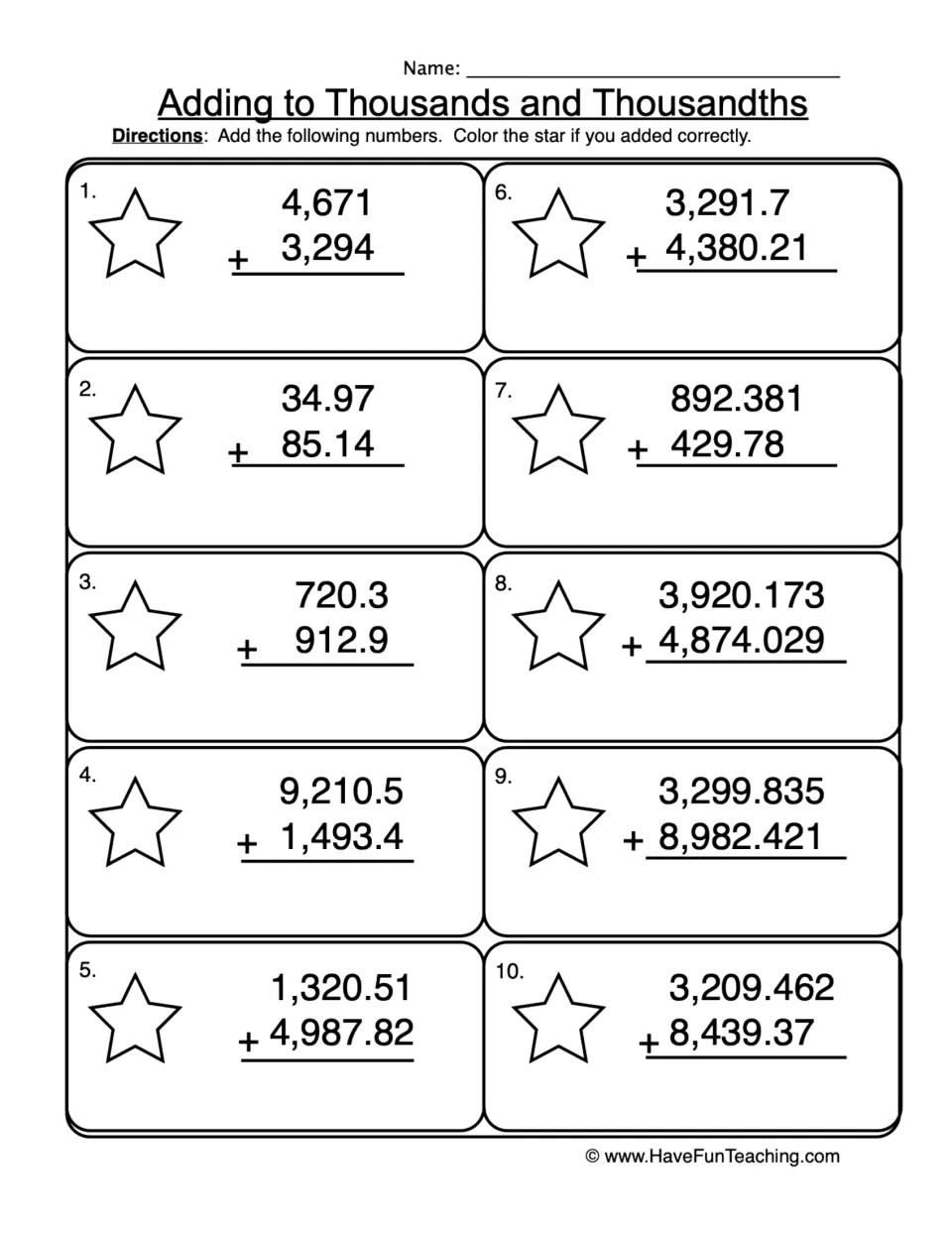 Adding to thousands and thousandths: students solve 10 whole-number and decimal sums, coloring a star for each correct one