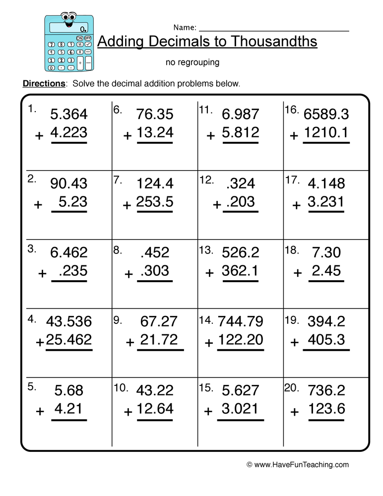 adding thousandths decimal worksheet by teach simple