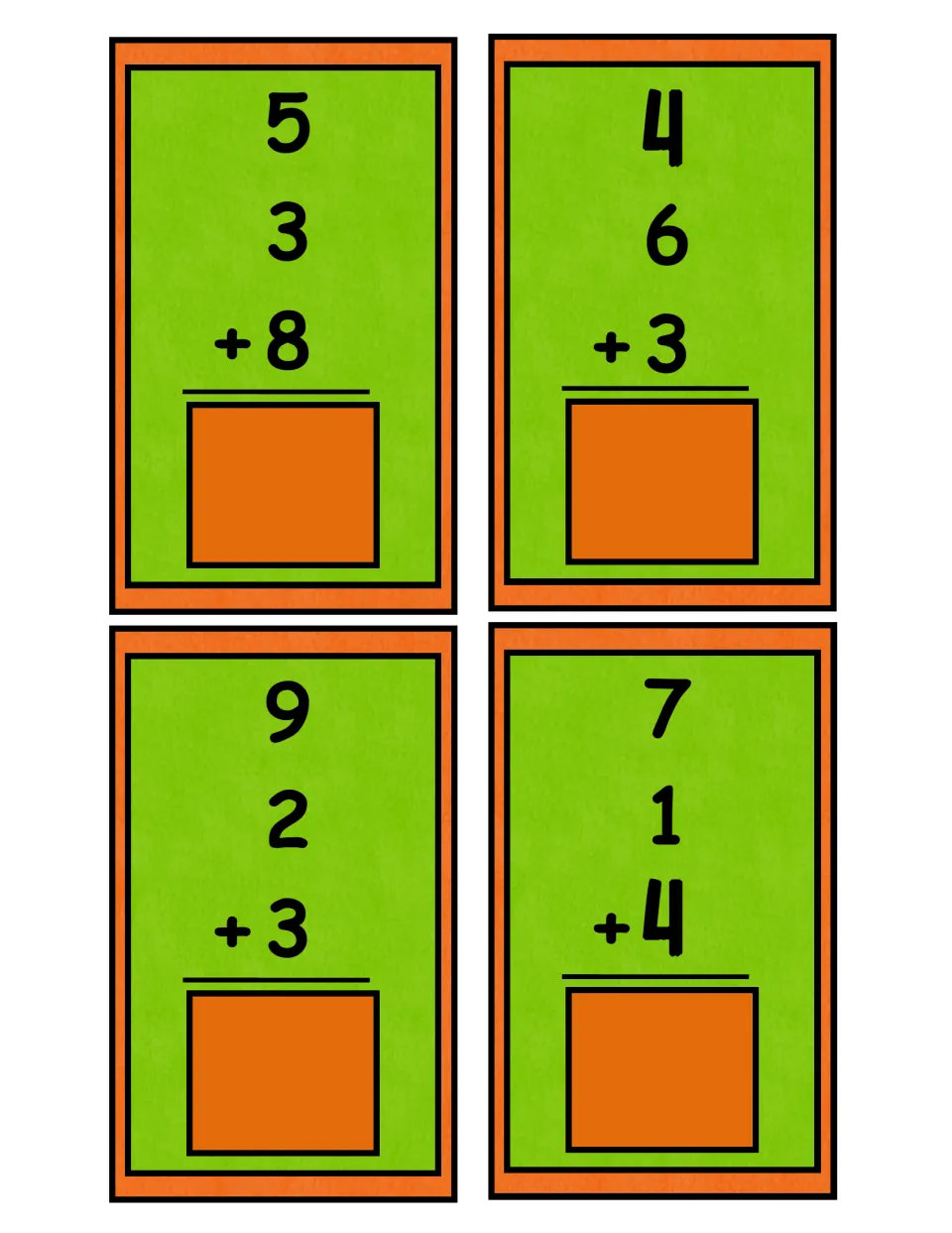 Equation cards to cut out: students add three single digits such as 5 + 3 + 8 and 9 + 2 + 3, then find each matching sum