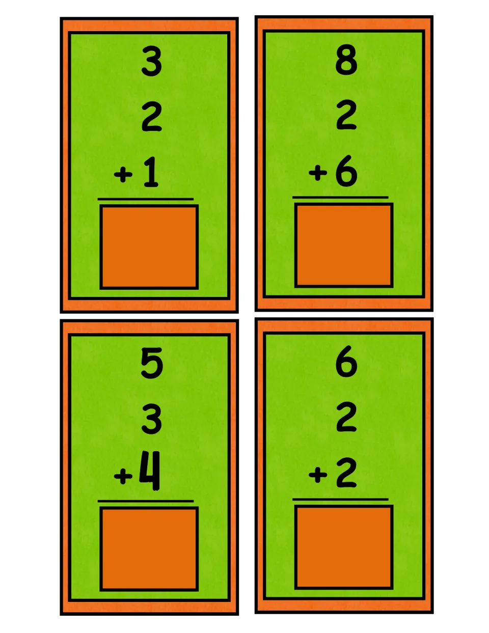 More equation cards for adding three addends: 3 + 2 + 1, 8 + 2 + 6, 5 + 3 + 4 and 6 + 2 + 2 to add and match