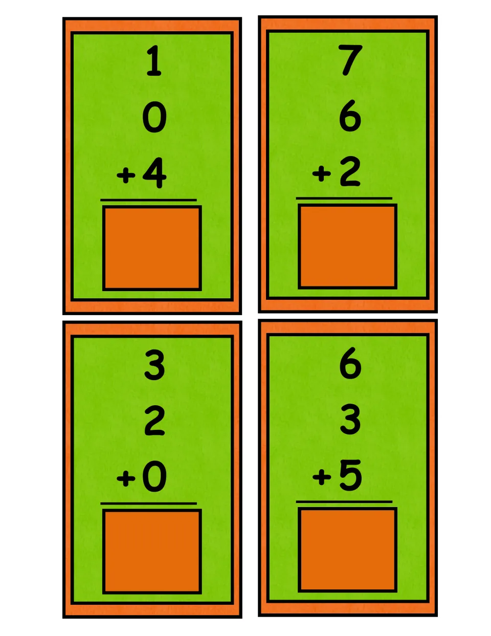 Equation cards with three addends, including zeros: 1 + 0 + 4, 7 + 6 + 2, 3 + 2 + 0 and 6 + 3 + 5 to solve and match