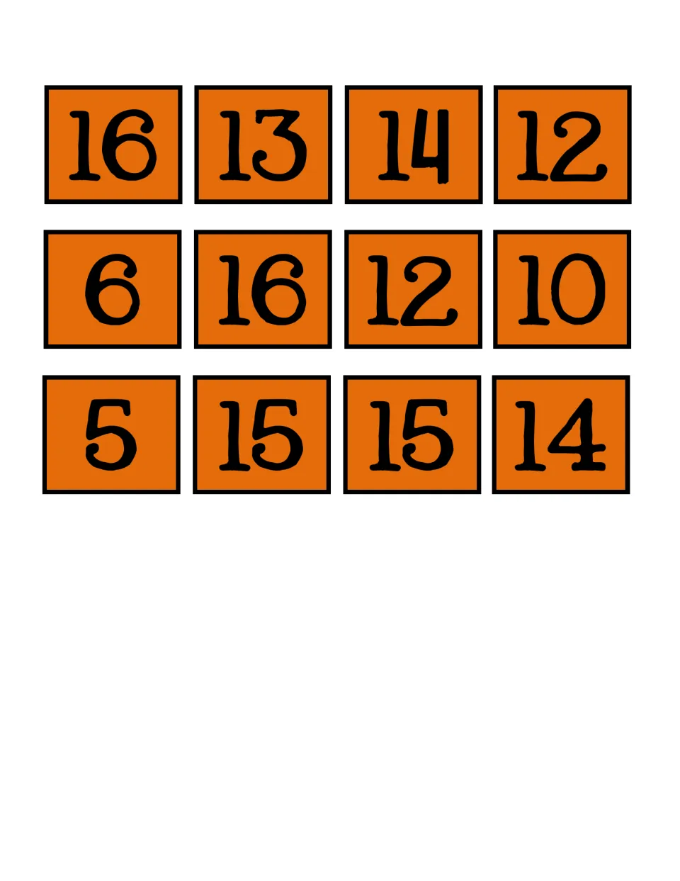 Answer cards to cut out: twelve sum cards from 5 to 16 that students match to the three-addend equation cards
