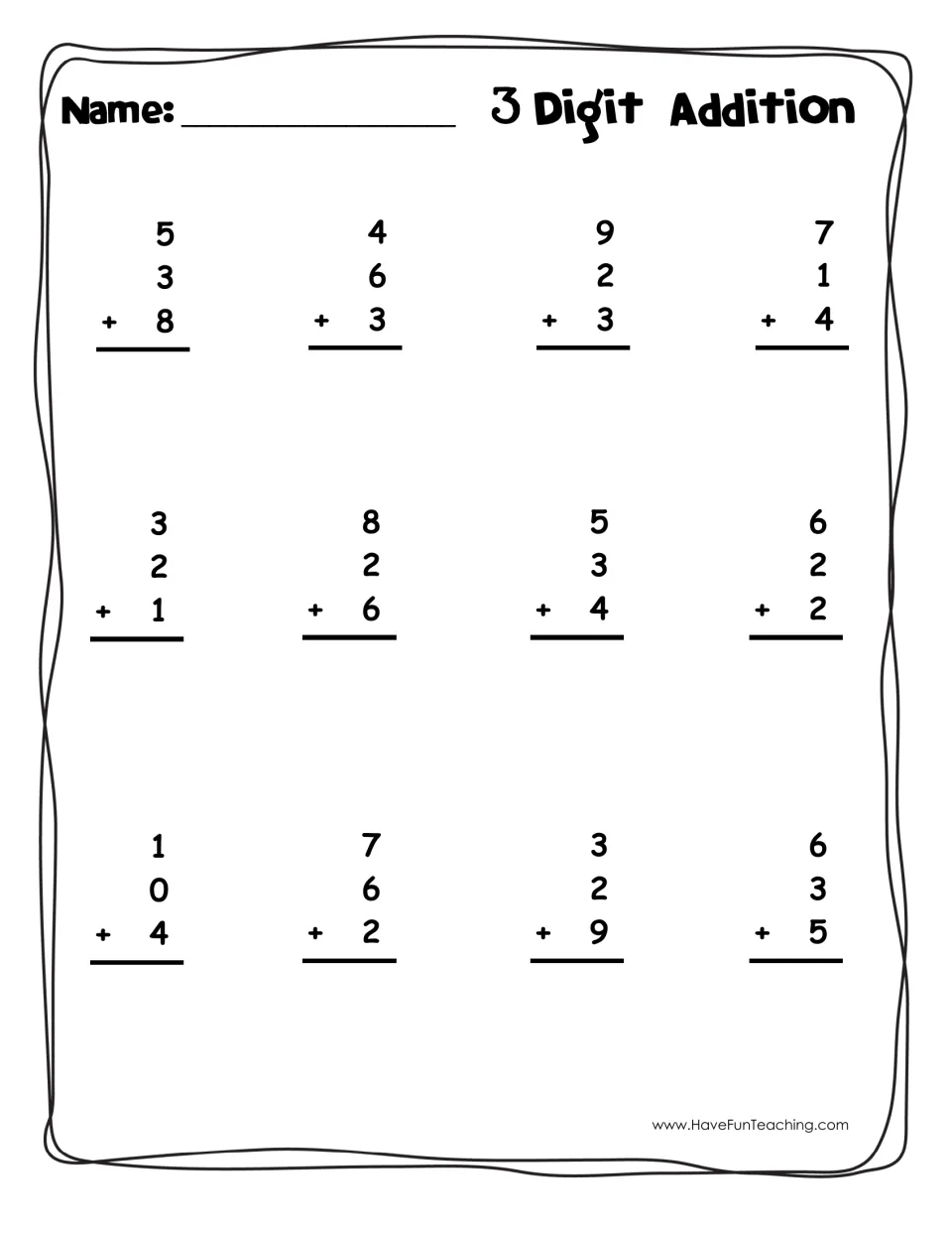 3 Digit Addition practice: students write the sum for 12 vertical problems that each add three single-digit numbers
