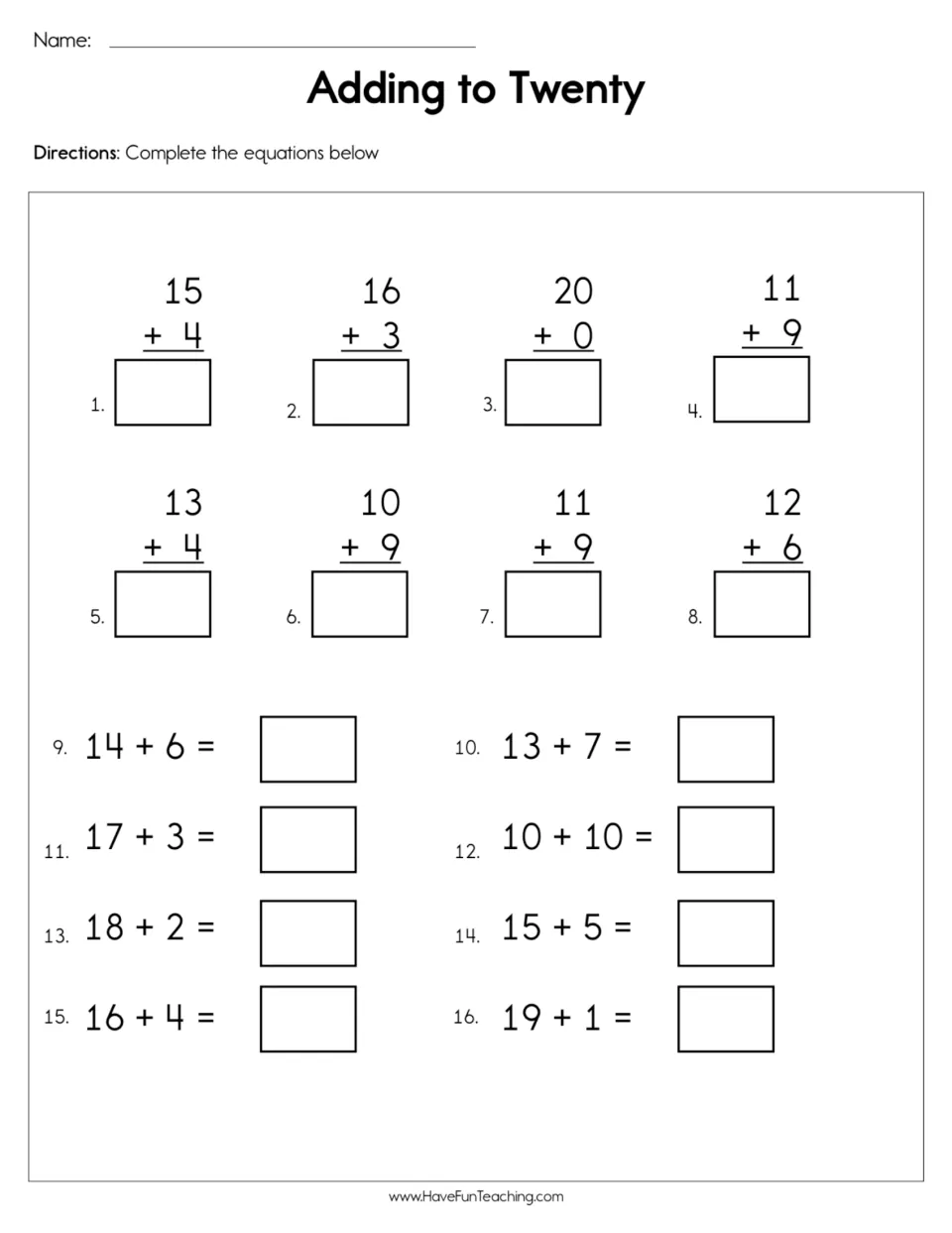 Adding to Twenty: students solve 16 vertical and horizontal addition facts with sums up to 20, such as 15 + 4 and 18 + 2