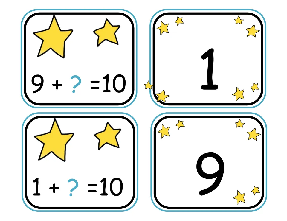 Make-10 matching cards: students pair 9 + ? = 10 and 1 + ? = 10 equation cards with answer cards 1 and 9