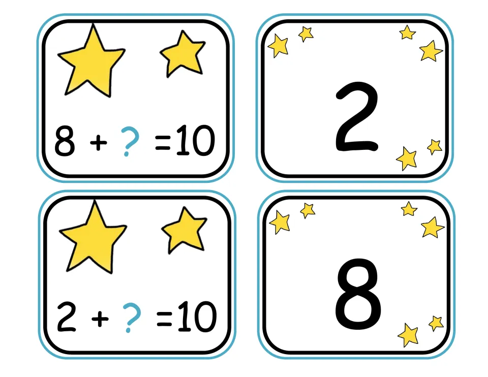 Number bonds to 10 cards: students match 8 + ? = 10 and 2 + ? = 10 to the answer cards 2 and 8 to find the missing addend