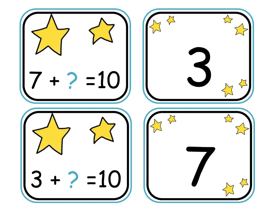 Missing addend cards for sums of 10: students solve 7 + ? = 10 and 3 + ? = 10, then find answer cards 3 and 7