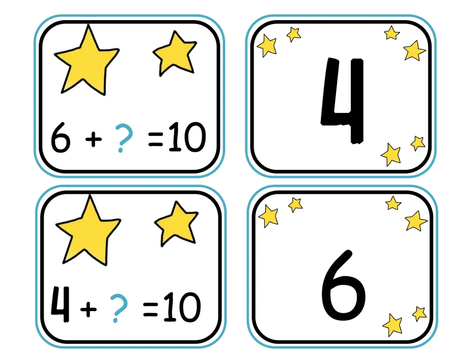 Combinations of 10 matching cards: students match 6 + ? = 10 and 4 + ? = 10 to answer cards 4 and 6