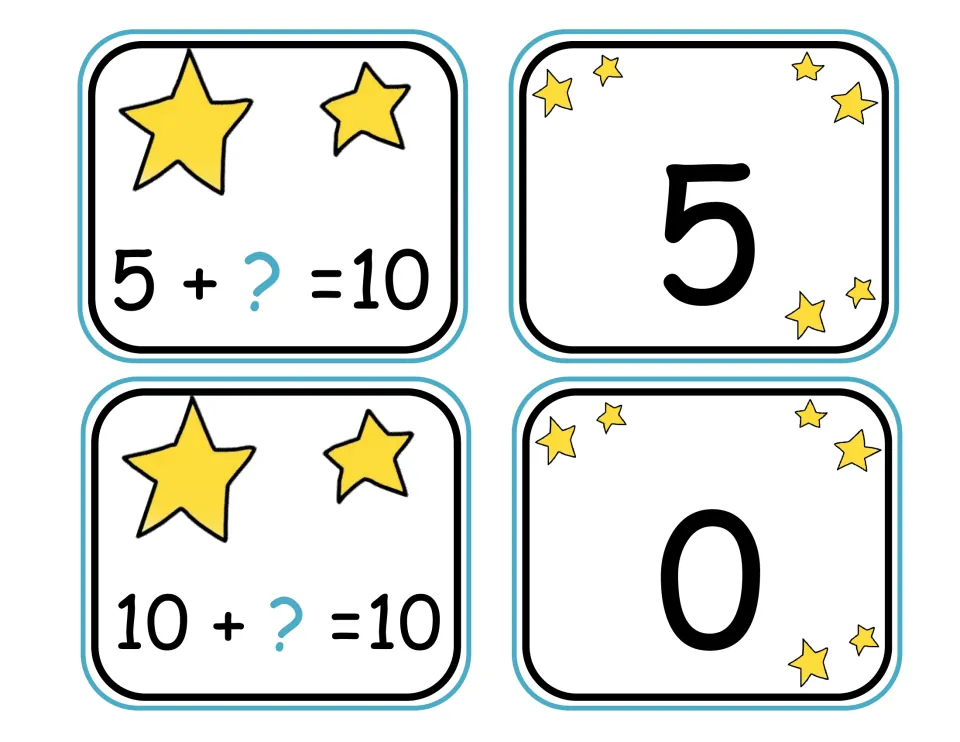 Adding to 10 cards: students match 5 + ? = 10 to answer card 5 and 10 + ? = 10 to answer card 0