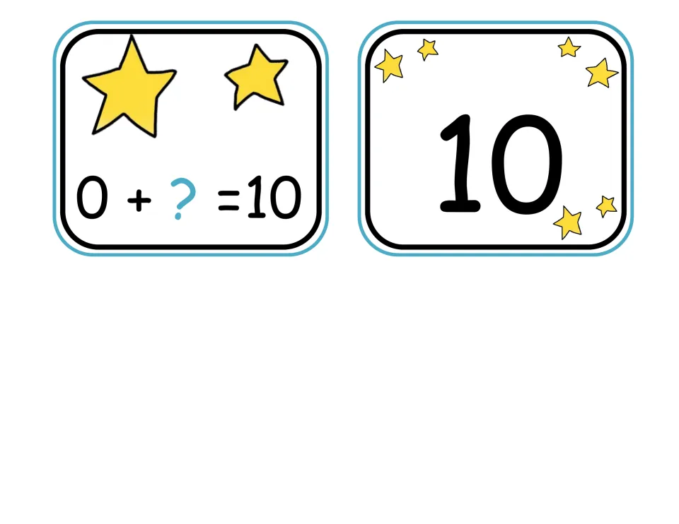 Final make-10 card pair: students match the equation card 0 + ? = 10 to its answer card showing the number 10