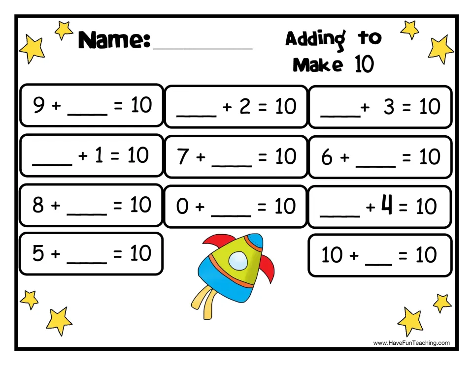 Adding to Make 10 worksheet: students fill in the missing addend in 11 equations such as 9 + __ = 10 and __ + 4 = 10