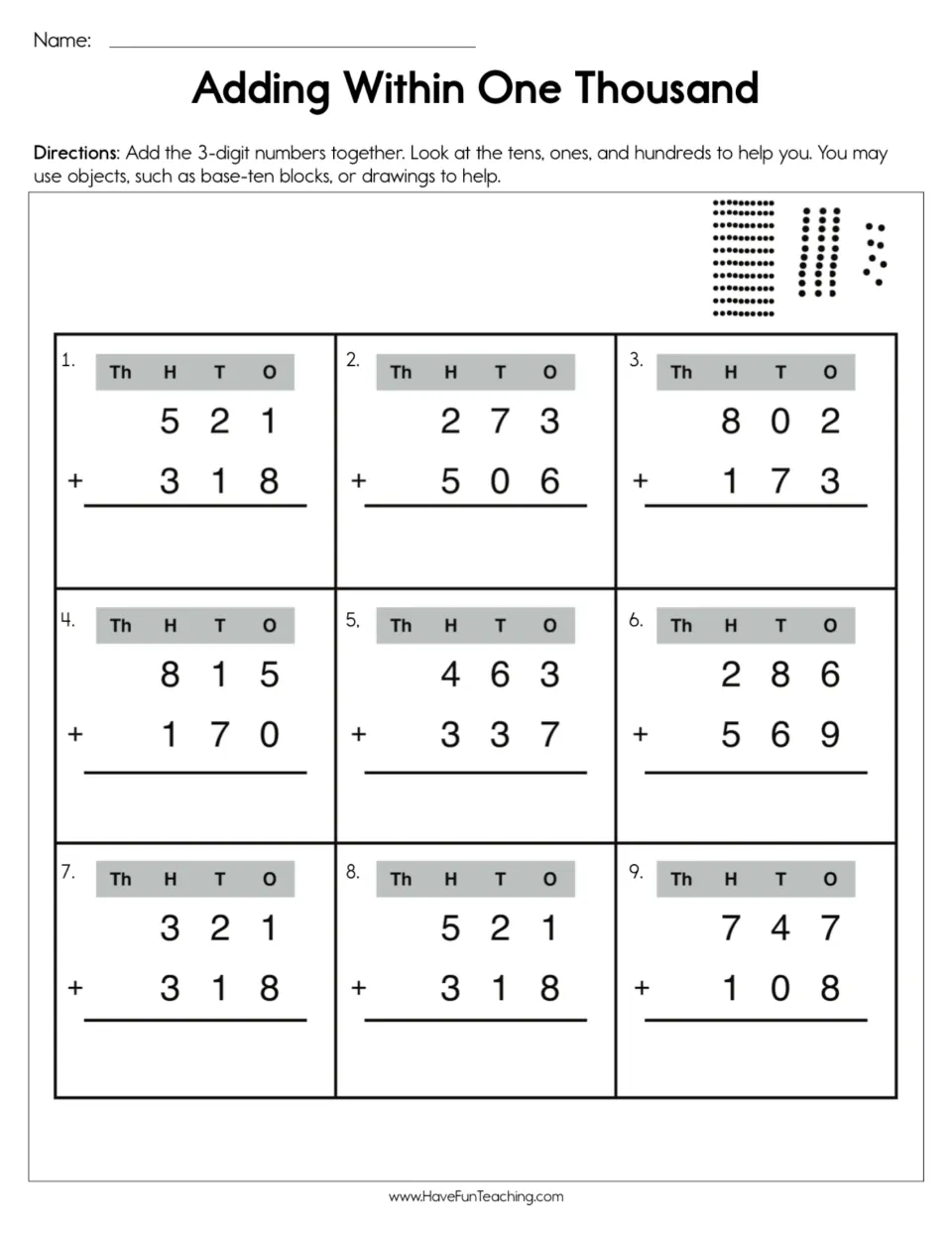 Adding within one thousand: students solve 9 three-digit addition problems using place value and base-ten block models