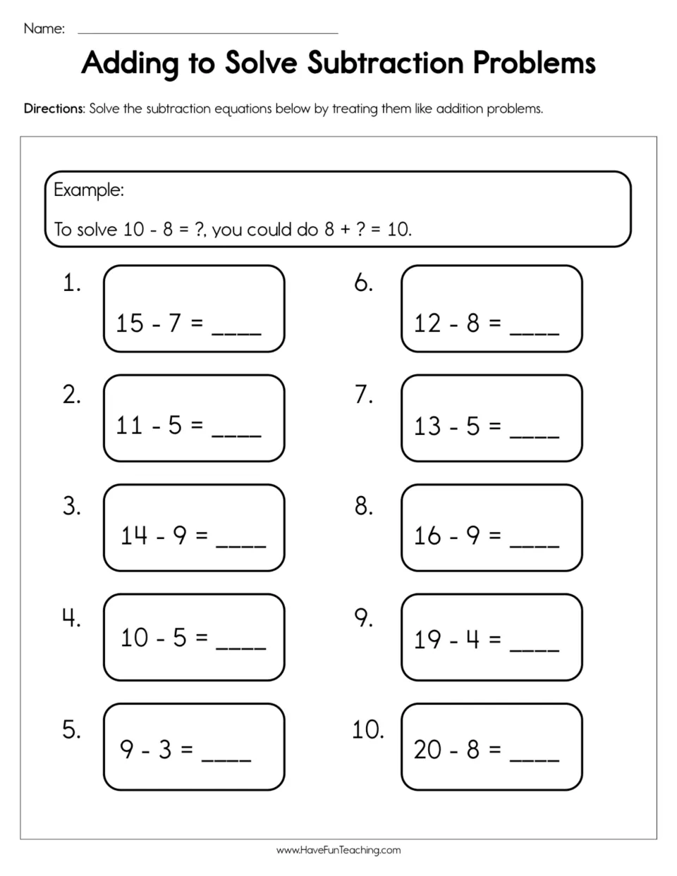 Subtraction practice: 10 problems, including 15 - 7 and 12 - 8, solved using related addition equations