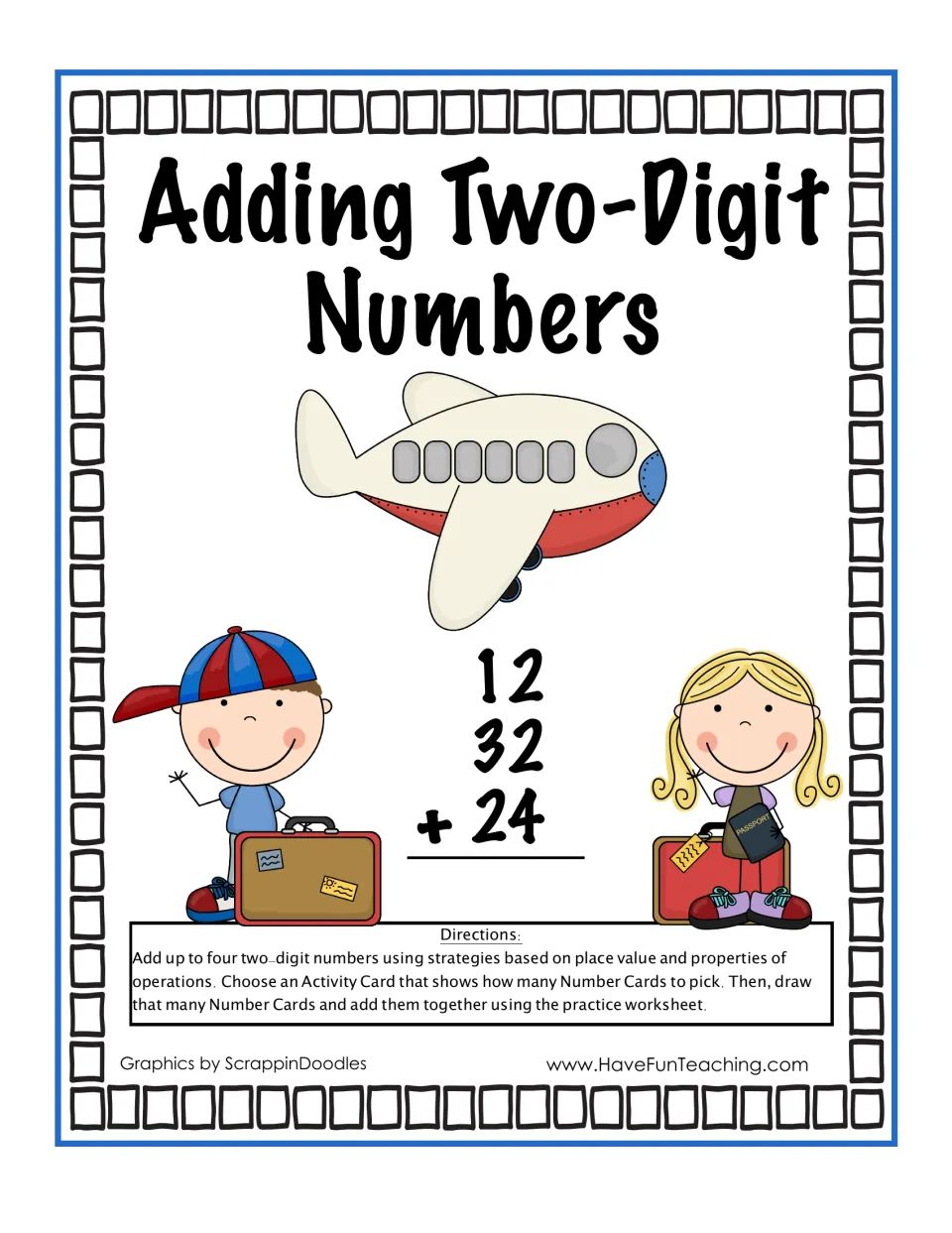 Adding Two-Digit Numbers cover: 12 + 32 + 24 sample sum, airplane, travelers and directions for the card activity