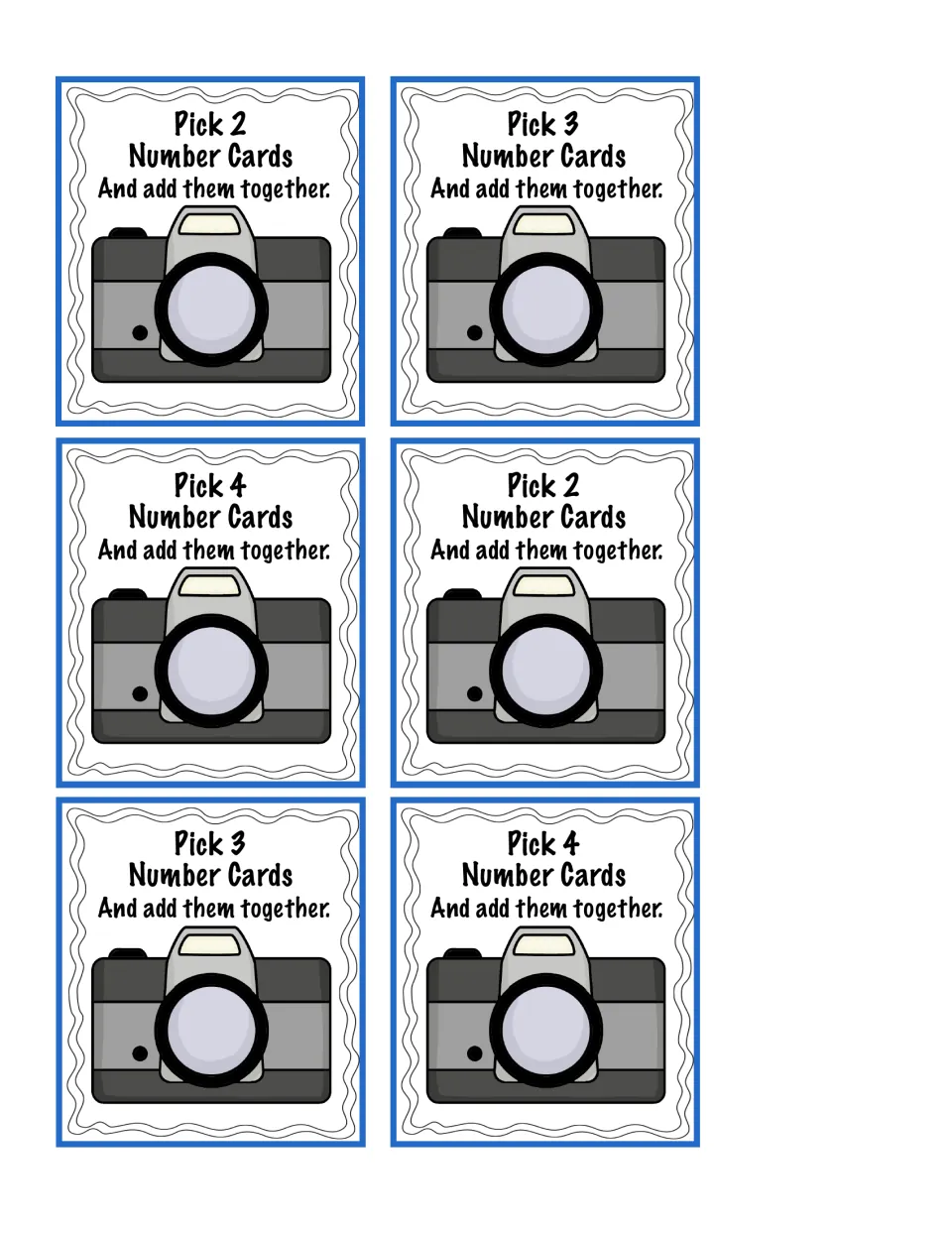 Activity cards with cameras telling students to pick 2, 3 or 4 Number Cards and add them together, six per sheet