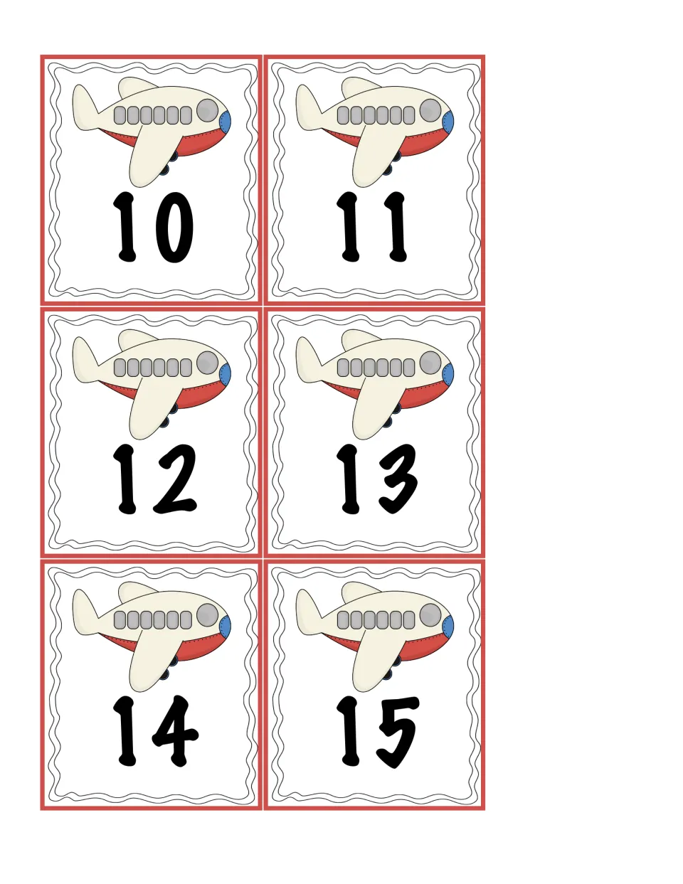 Airplane number cards 10 to 15: students draw these addends to build sums of two-digit numbers for the card game