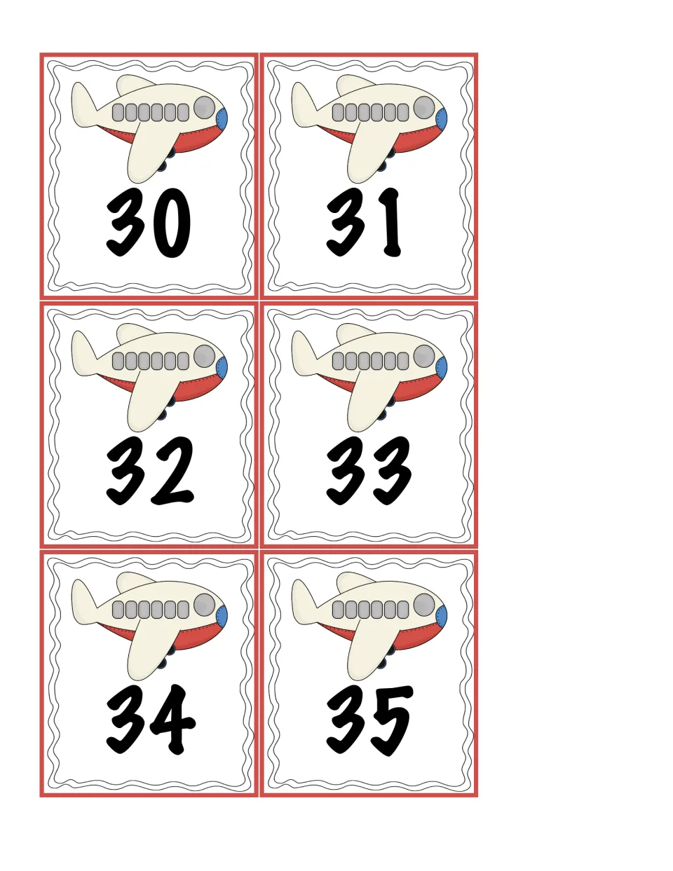 Plane cards showing 30, 31, 32, 33, 34 and 35 for students to pick and combine in multi-addend place value addition
