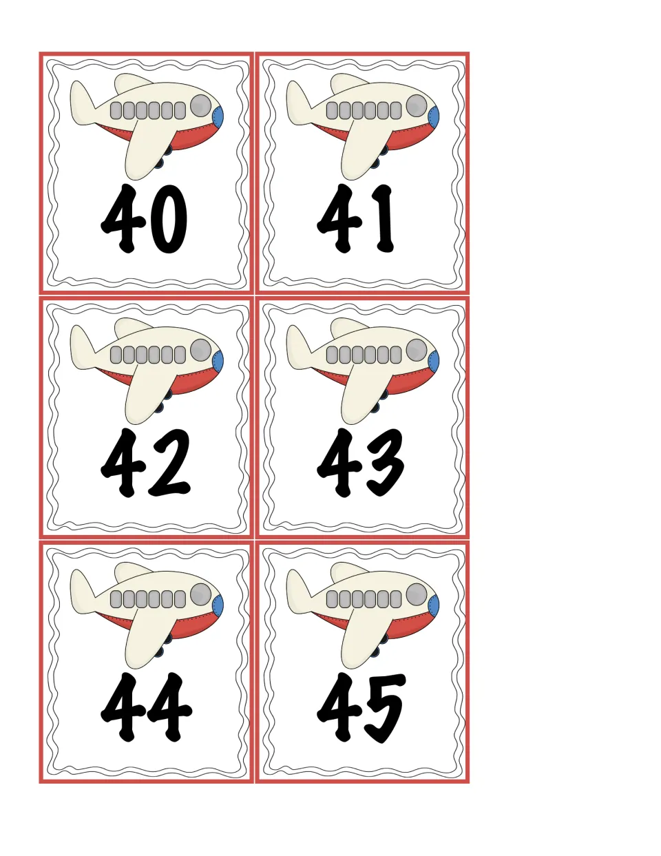 Cards numbered 40 to 45 with airplane art; students select several and find their total