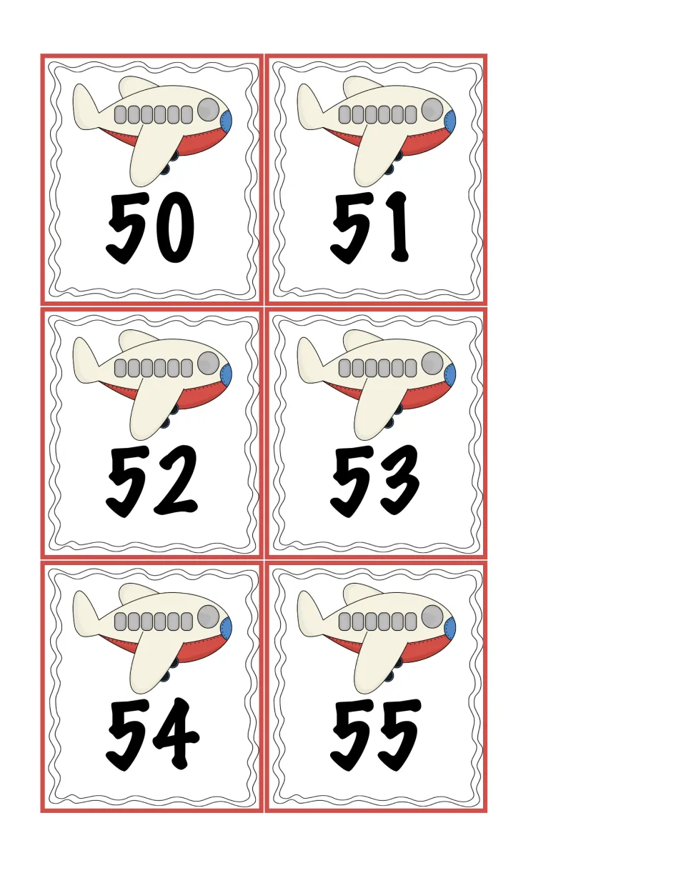 Two-digit number cards 50, 51, 52, 53, 54 and 55 with planes, drawn from the shared deck and added in any order