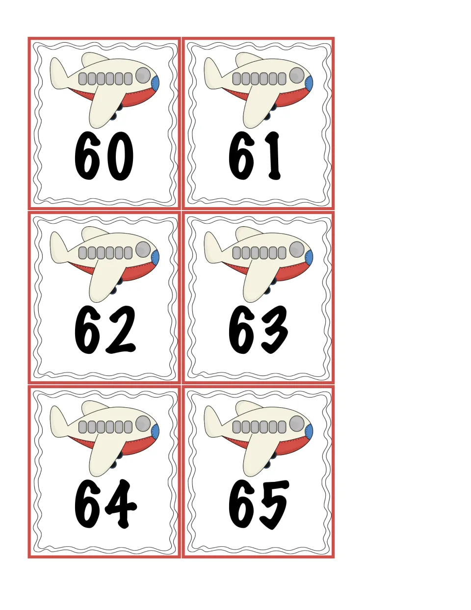 Airplane cards for 60 through 65 that students pull and add, decomposing each addend into tens and ones