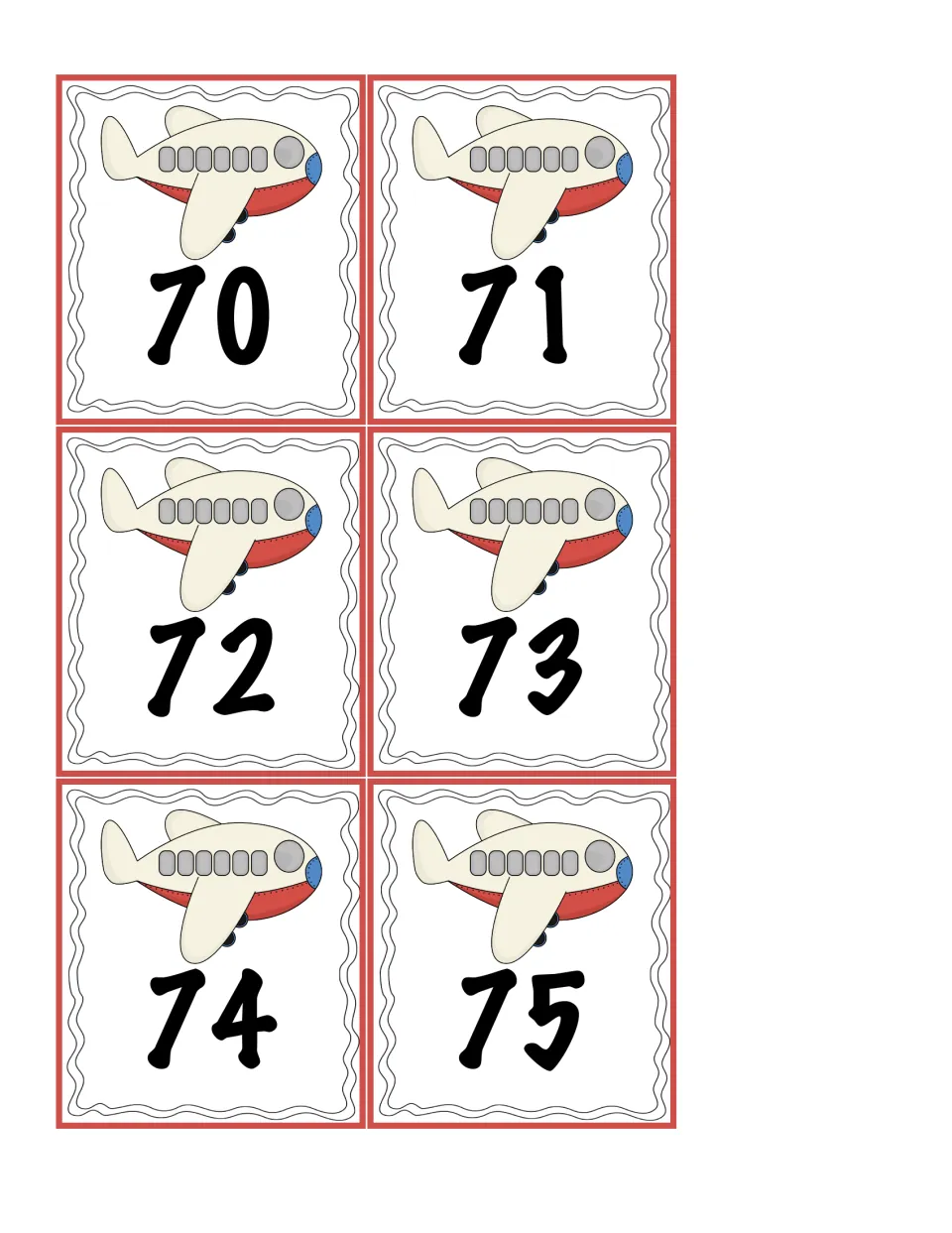 Number cards from 70 to 75 with an airplane on each, picked in groups of 2 to 4 for adding larger two-digit totals