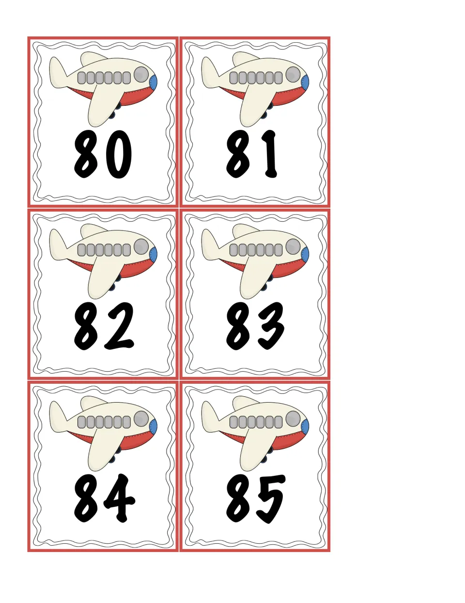Cards showing 80, 81, 82, 83, 84 and 85 beneath planes, the highest addends students draw and sum in the activity
