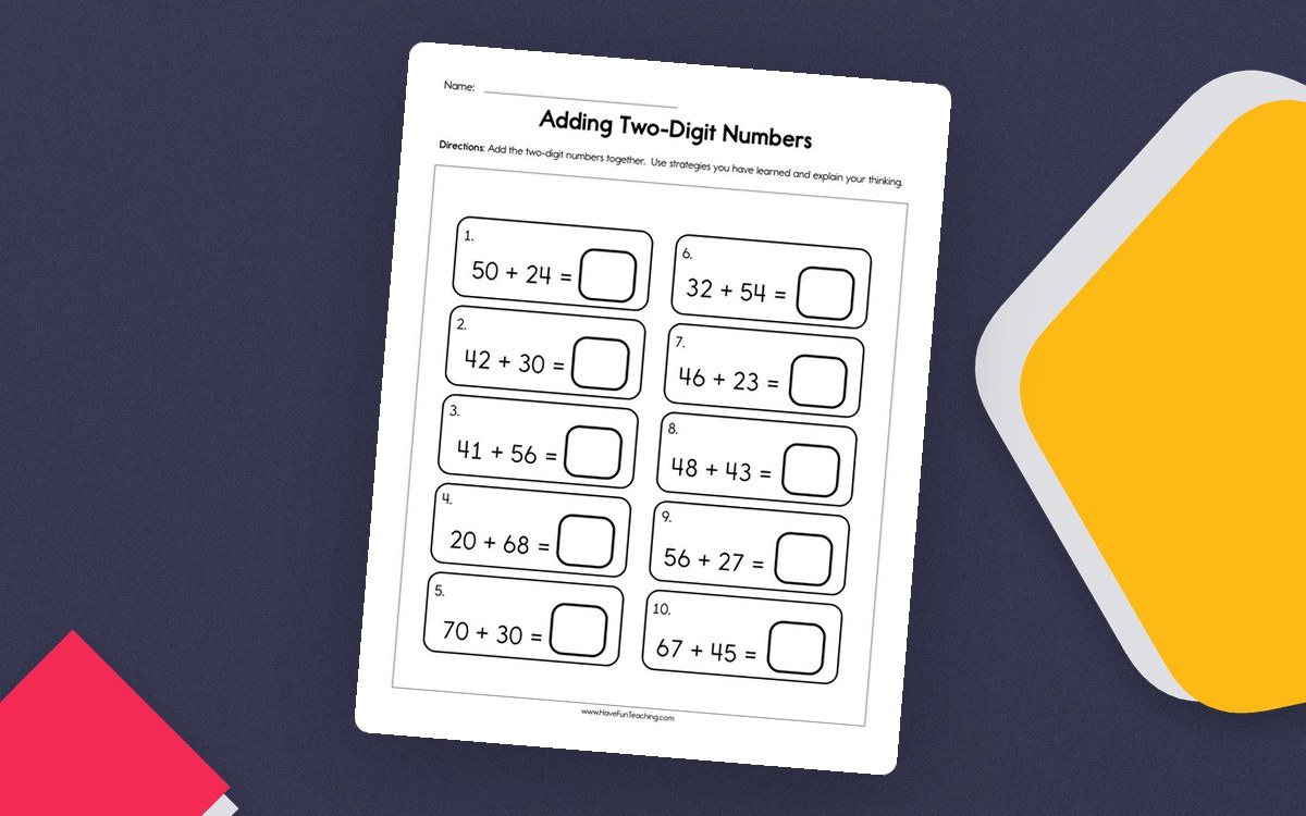 Adding Two-Digit Numbers worksheet with ten boxed problems and open areas for showing a chosen strategy.