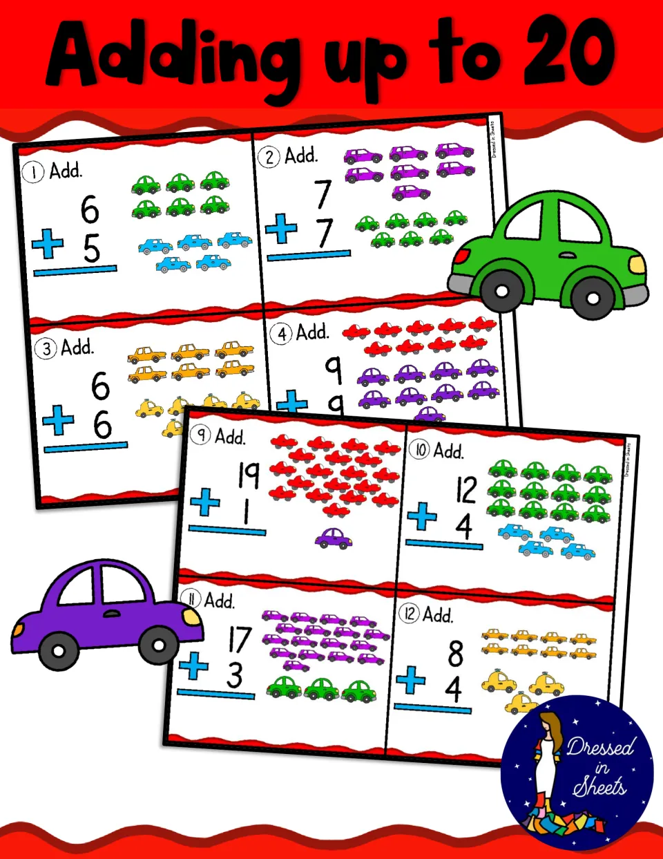 Adding up to 20 cover: car-themed task cards with vertical addition problems such as 6 + 5 and 19 + 1 beside car pictures