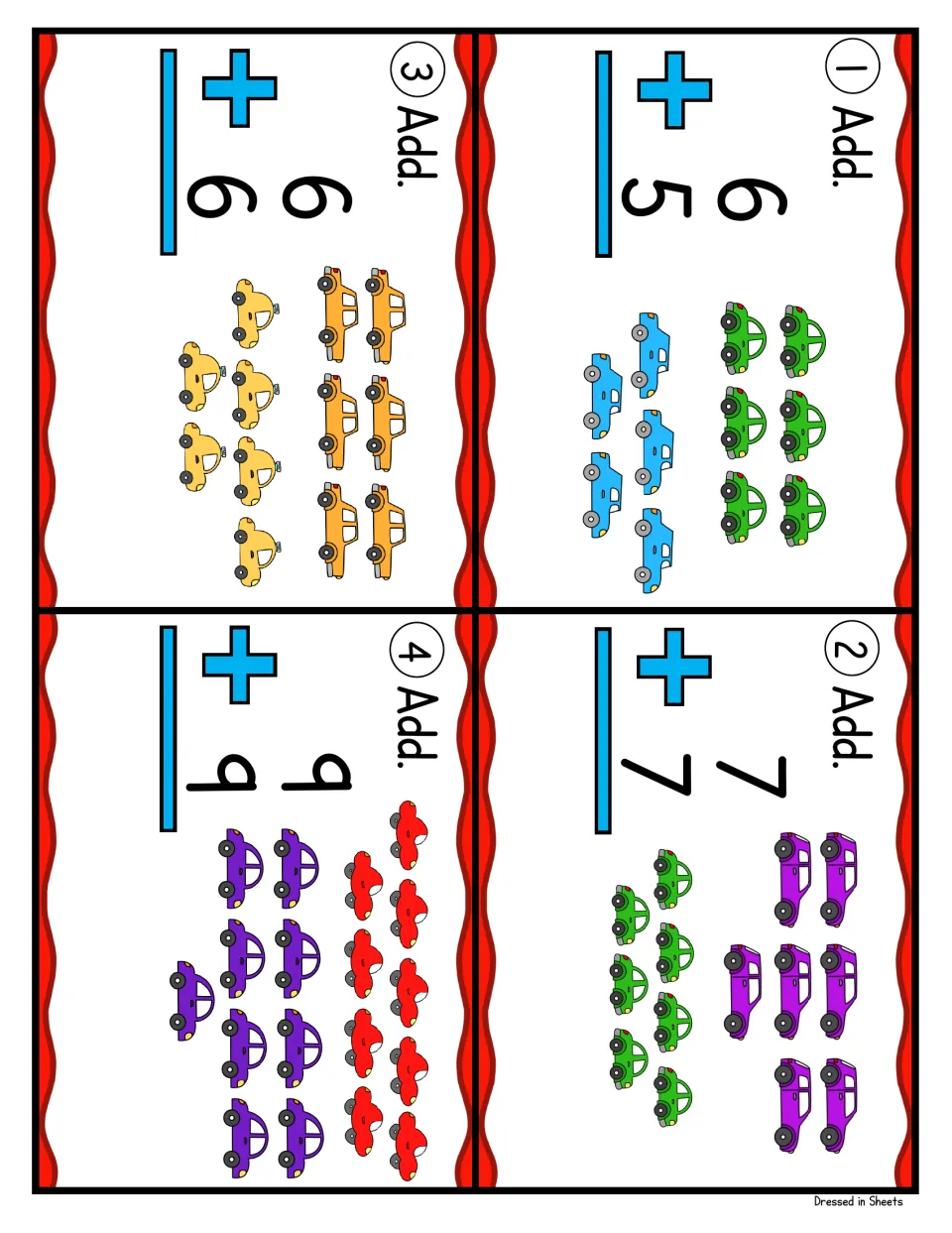 Addition task cards 1 to 4: students add 6 + 5, 7 + 7, 6 + 6 and 9 + 9 using two groups of cartoon cars to count the sum