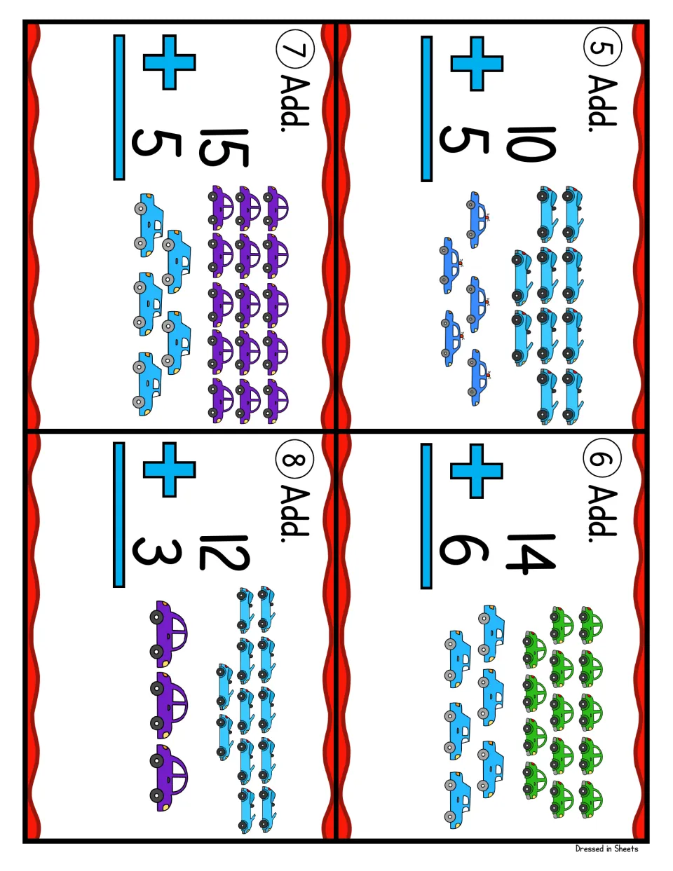 Addition task cards 5 to 8: students solve 10 + 5, 14 + 6, 15 + 5 and 12 + 3, counting pictured cars to find each total