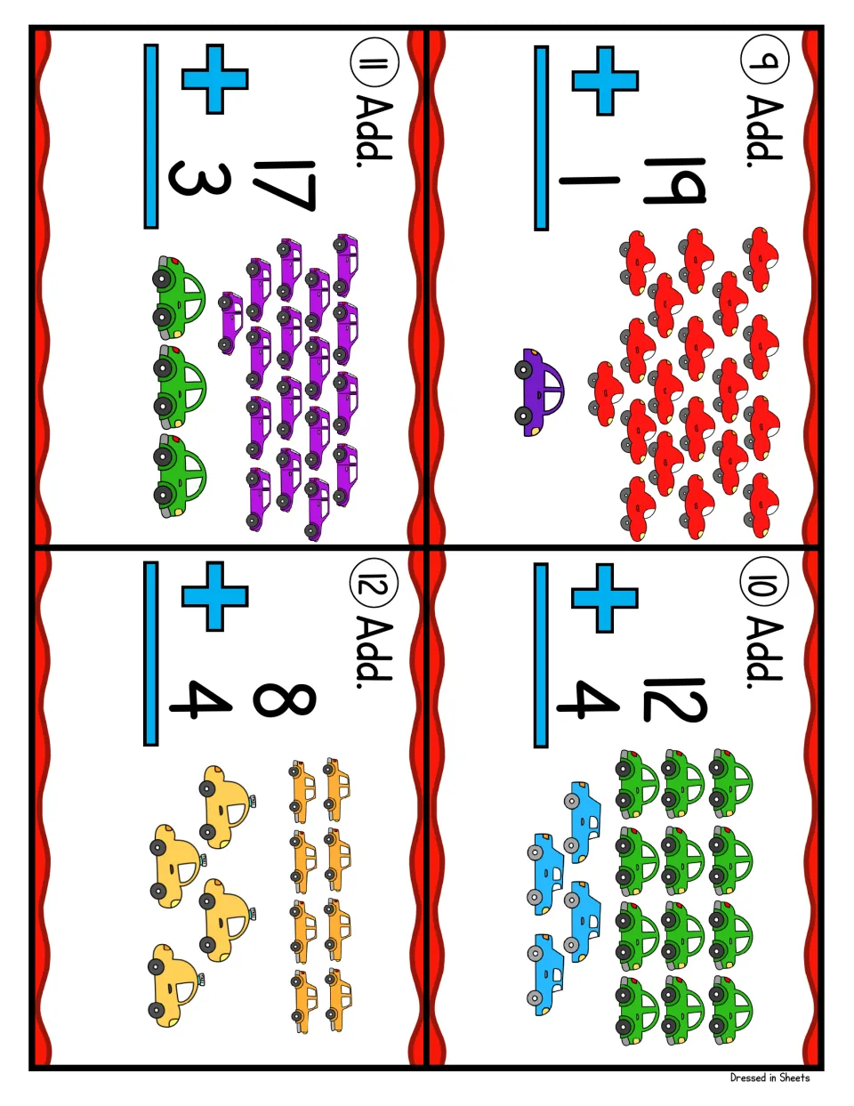 Addition task cards 9 to 12: students find 19 + 1, 12 + 4, 17 + 3 and 8 + 4, counting the cars shown for each addend