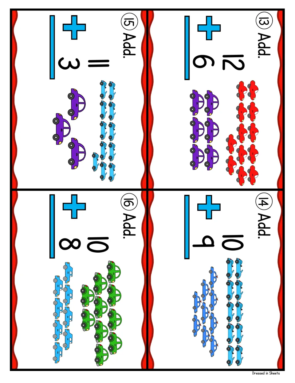 Addition task cards 13 to 16: students add 12 + 6, 10 + 9, 11 + 3 and 10 + 8, using colored car groups as counters